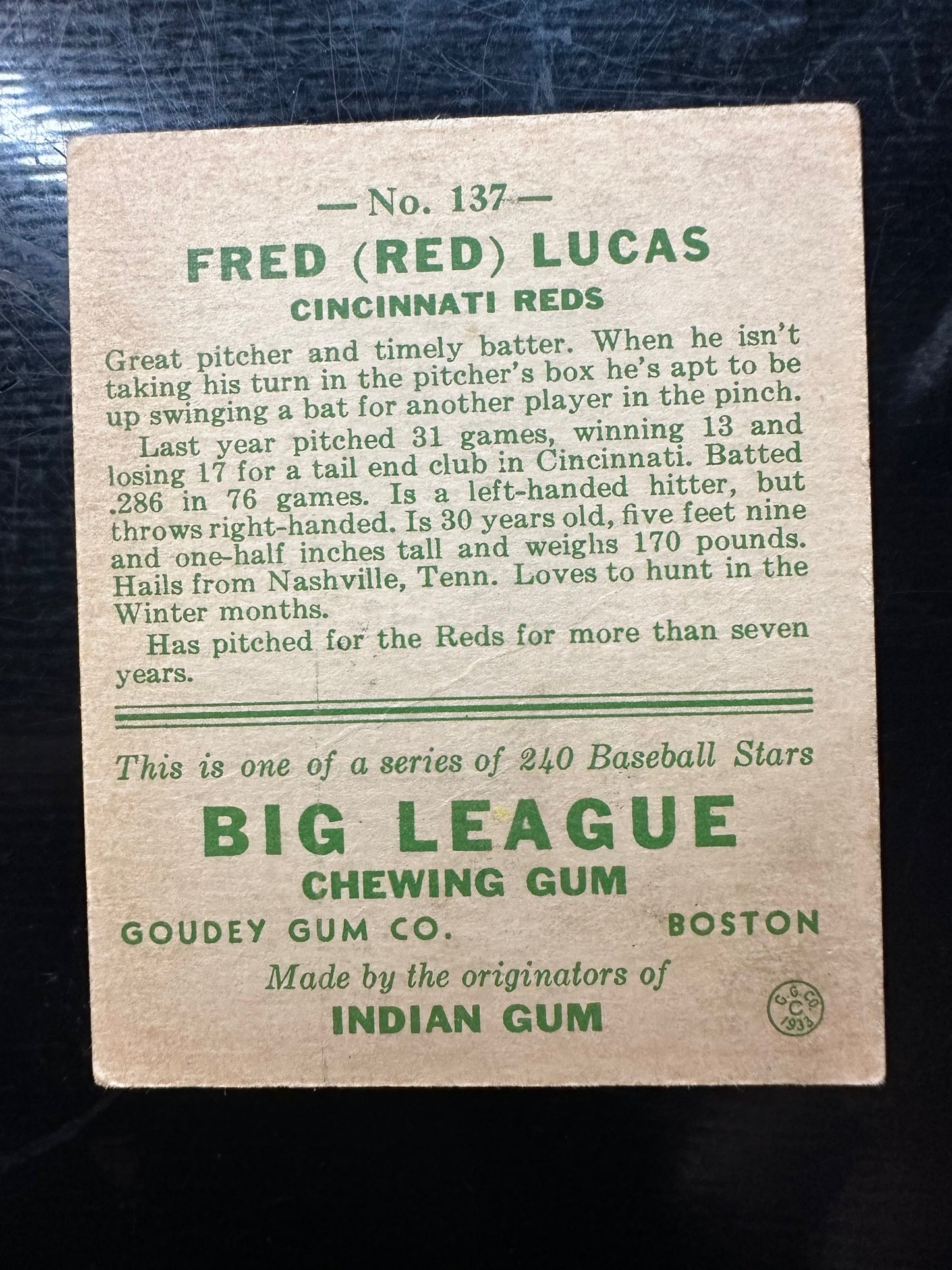 1933 Goudey #137 Fred Red Lucus VG