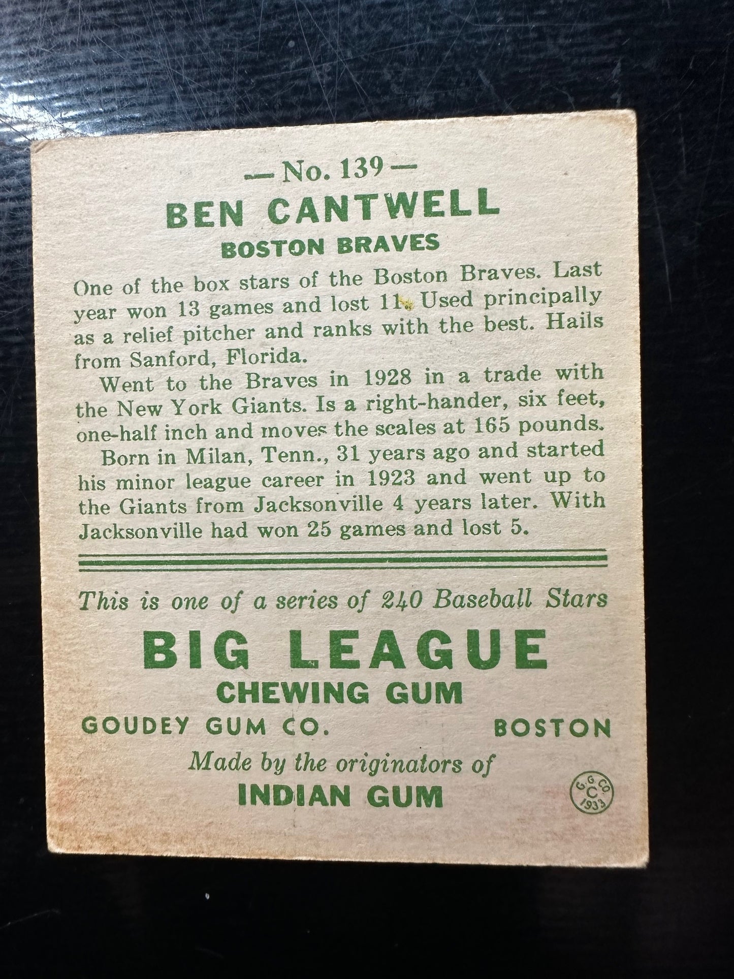 1933 Goudey #139 Ben Cantwell VG