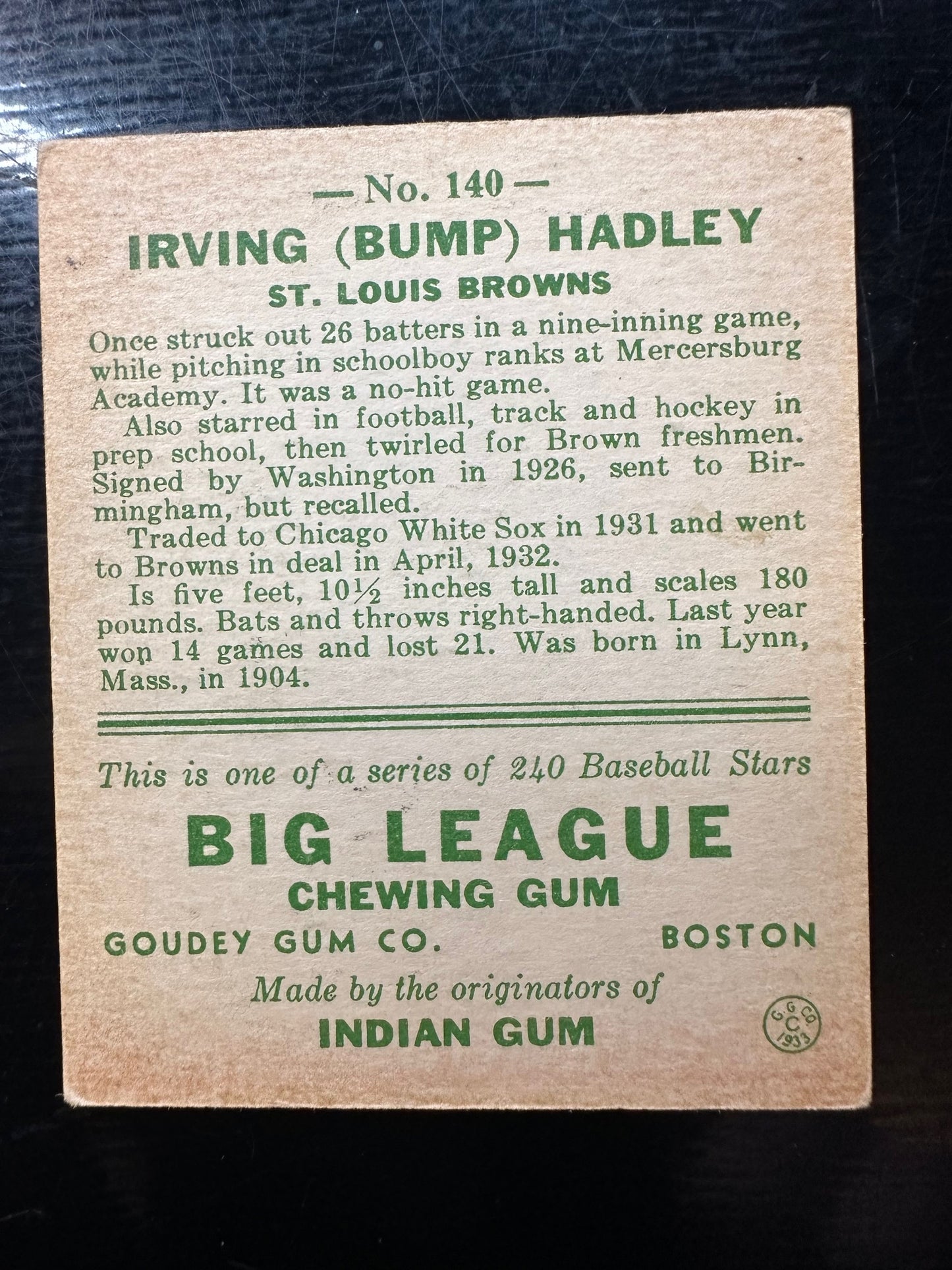 1933 Goudey #140 Irving Bump Hadley VG