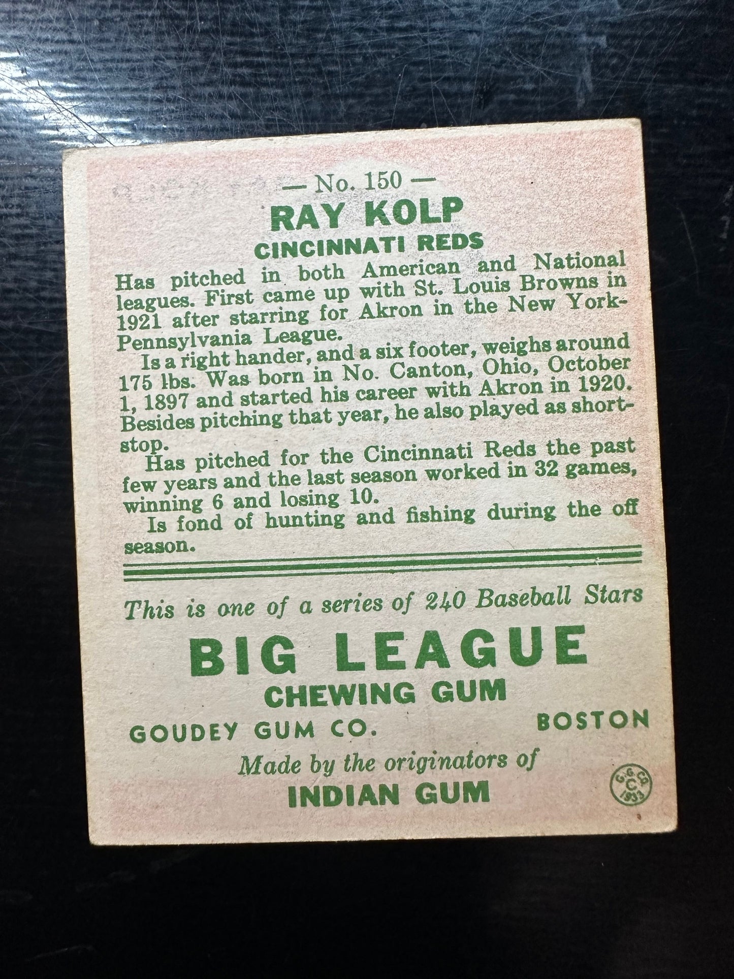 1933 Goudey #150 Ray Kolp EX