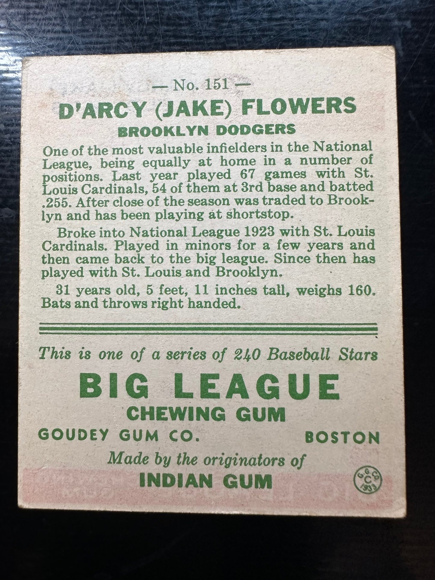 1933 Goudey #151 Jake Flowers VGEX