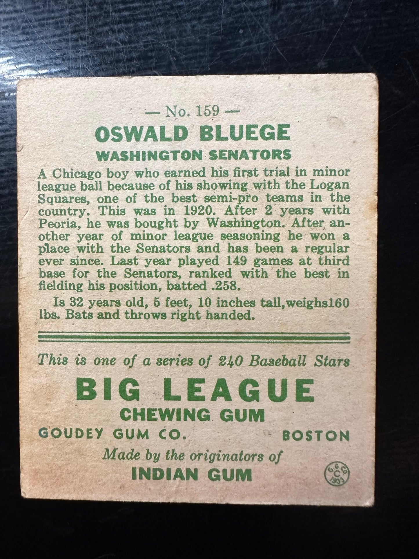 1933 Goudey #159 Oswald Bluege VG