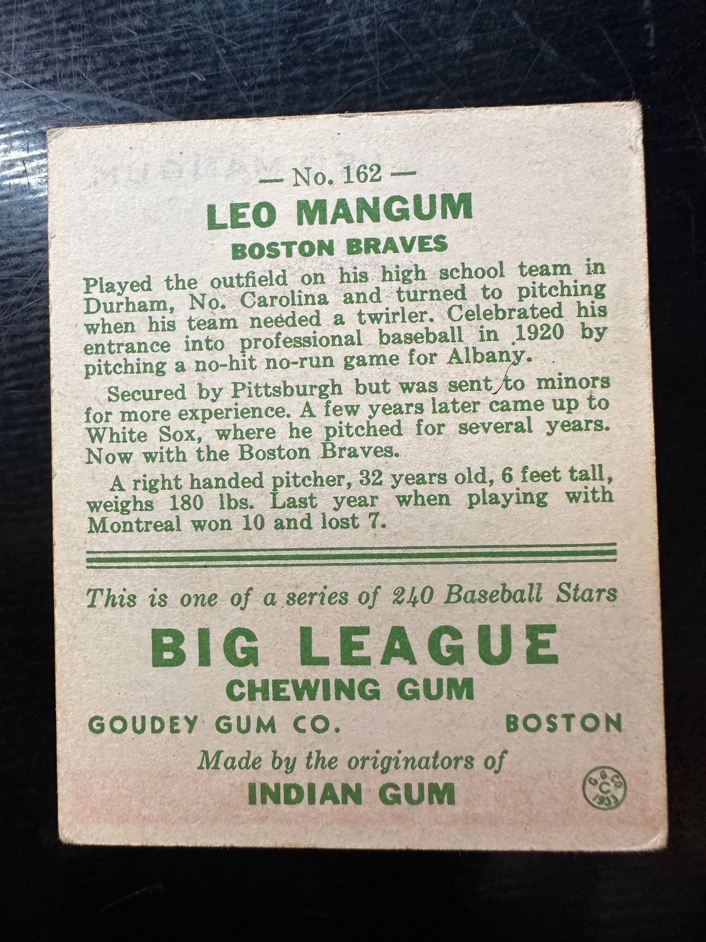 1933 Goudey #162 Leo Mangum VG