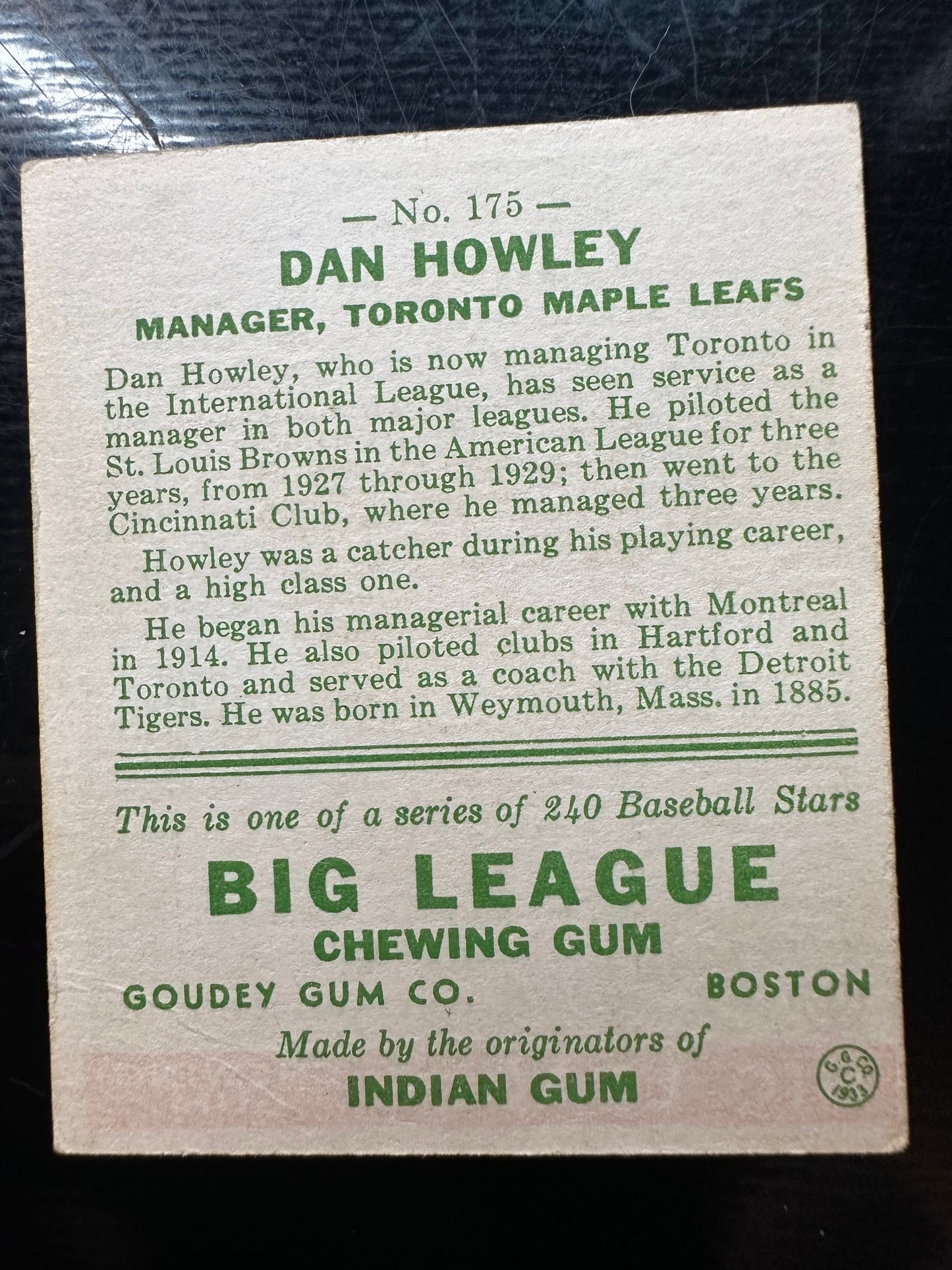 1933 Goudey #175 Dan Howley EX -1