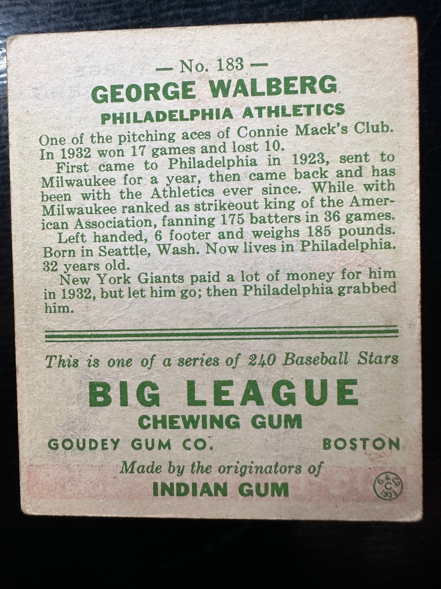 1933 Goudey #183 George Walberg VGEX