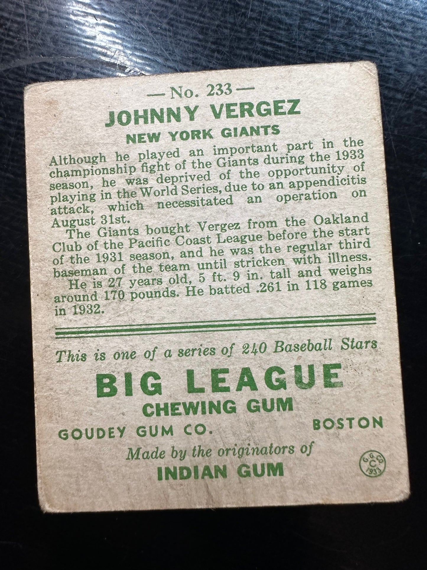 1933 Goudey #233 Johnny Vergez VG