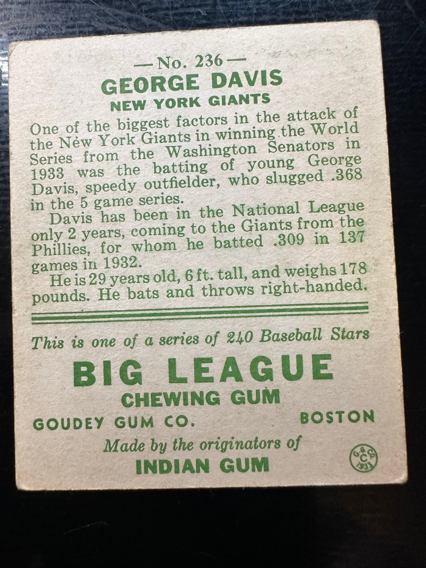 1933 Goudey #236 George Davis VG