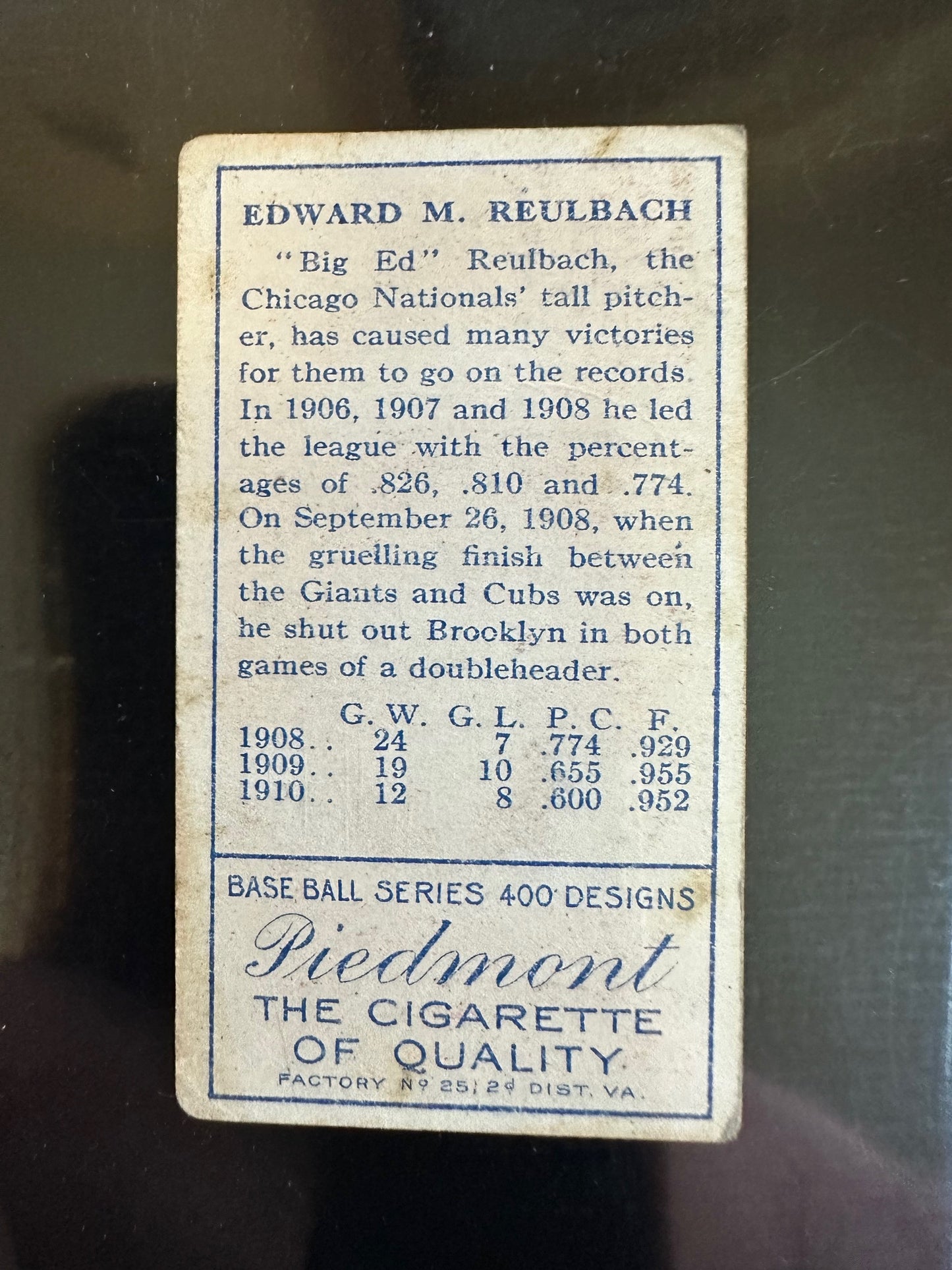 1911 T205 Gold Border Piedmont ED REULBACH Chicago Cubs HOF