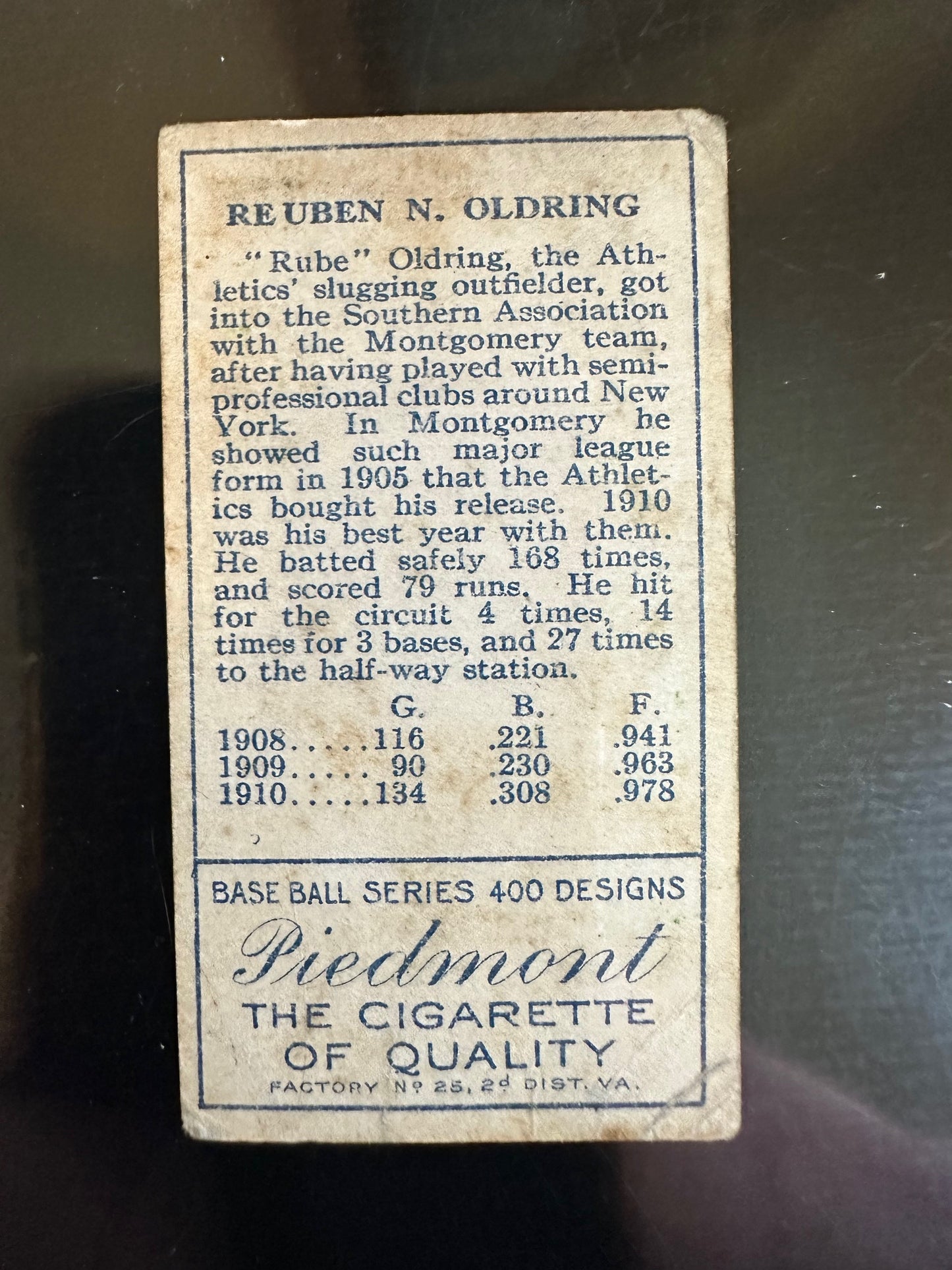 1911 T205 Gold Border Piedmont Rube Oldring Athletics