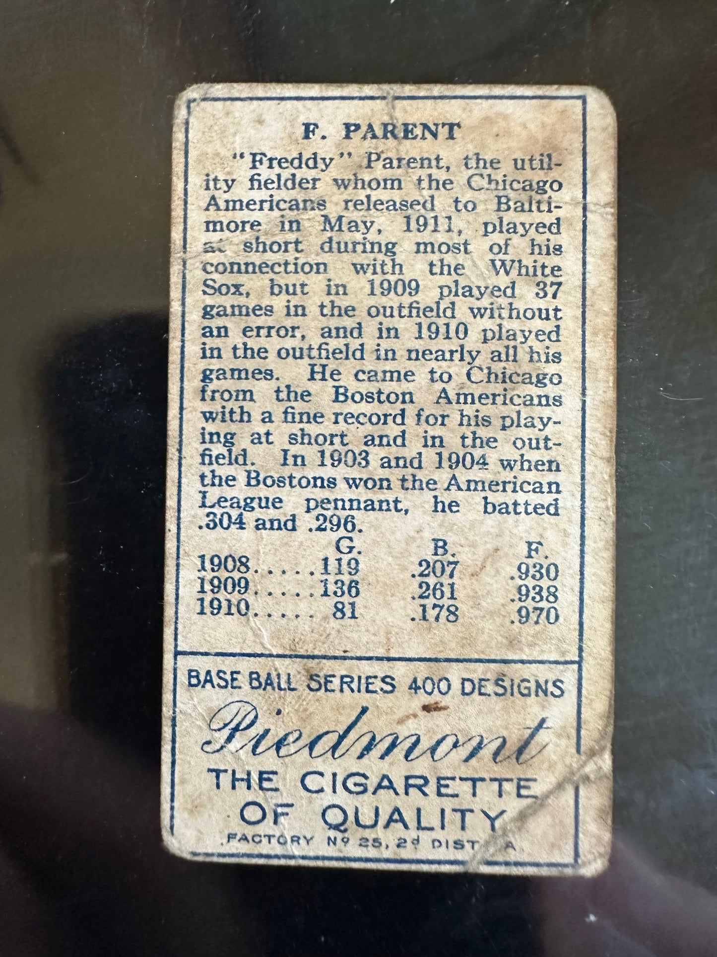 1911 T205 Gold Border Piedmont Fred Parent Chicago