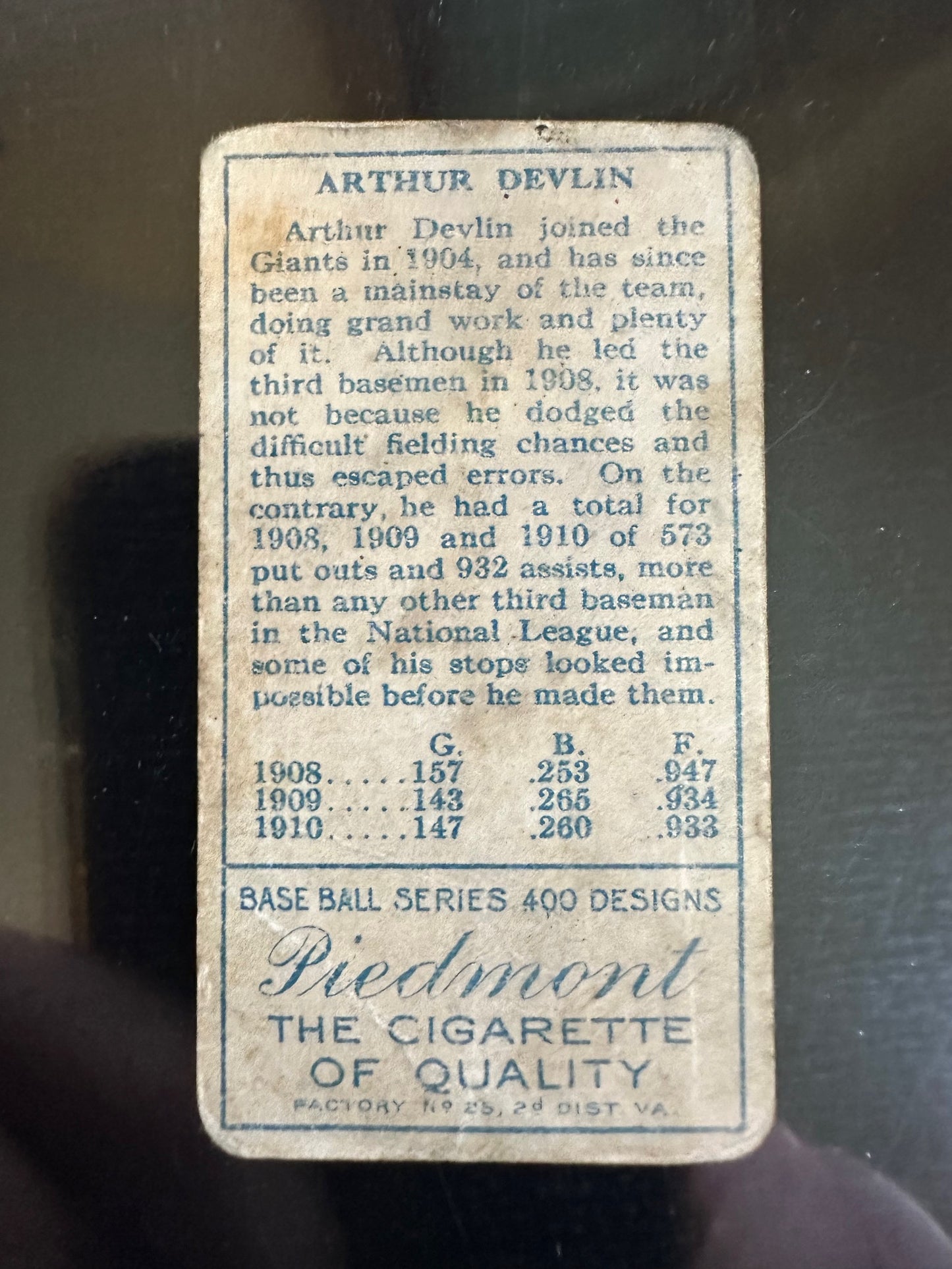 1911 T205 Gold Border Piedmont Arthur Devlin Giants