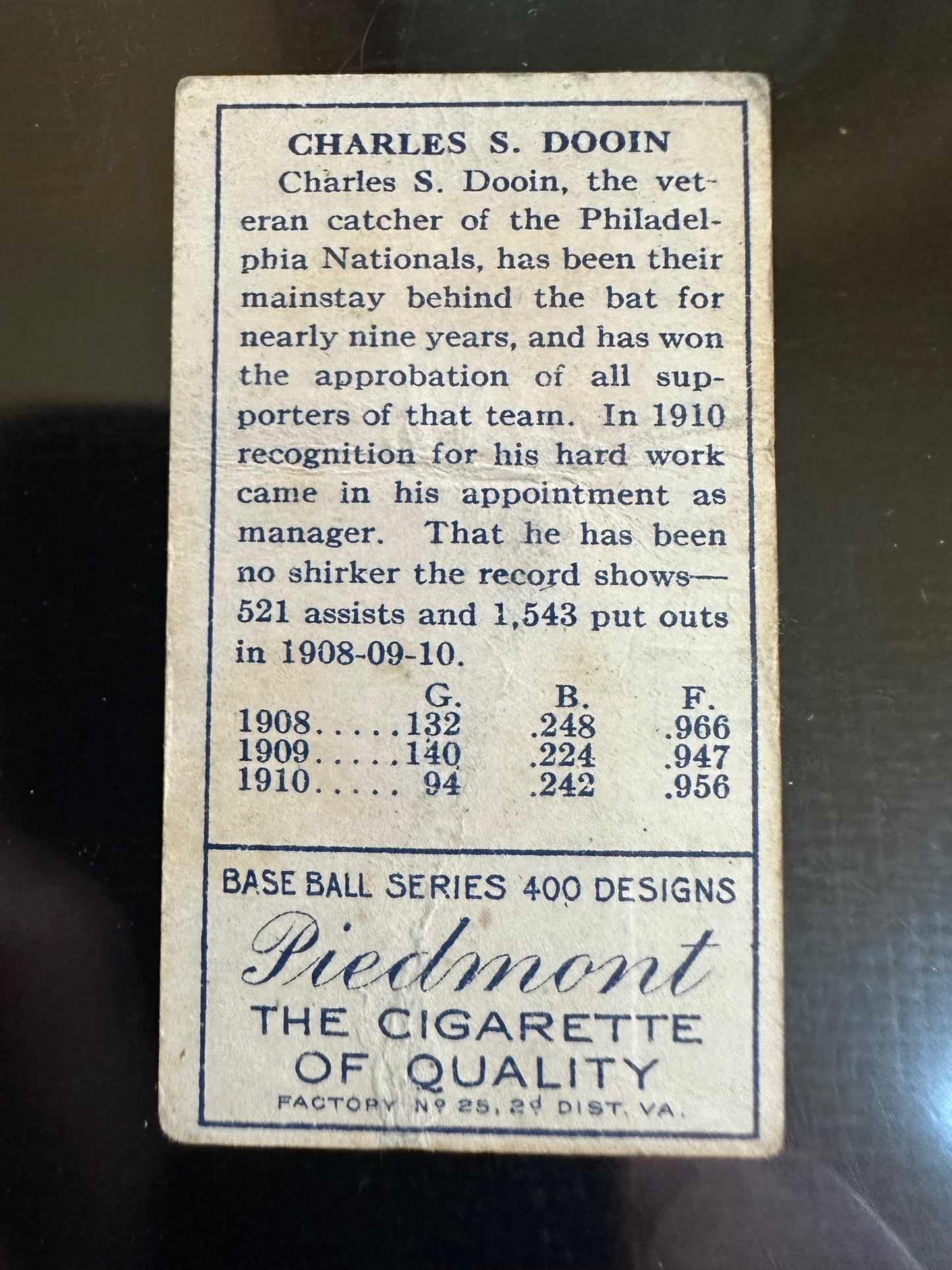 1911 T205 Gold Border Piedmont Charles Dooin Philadelphia