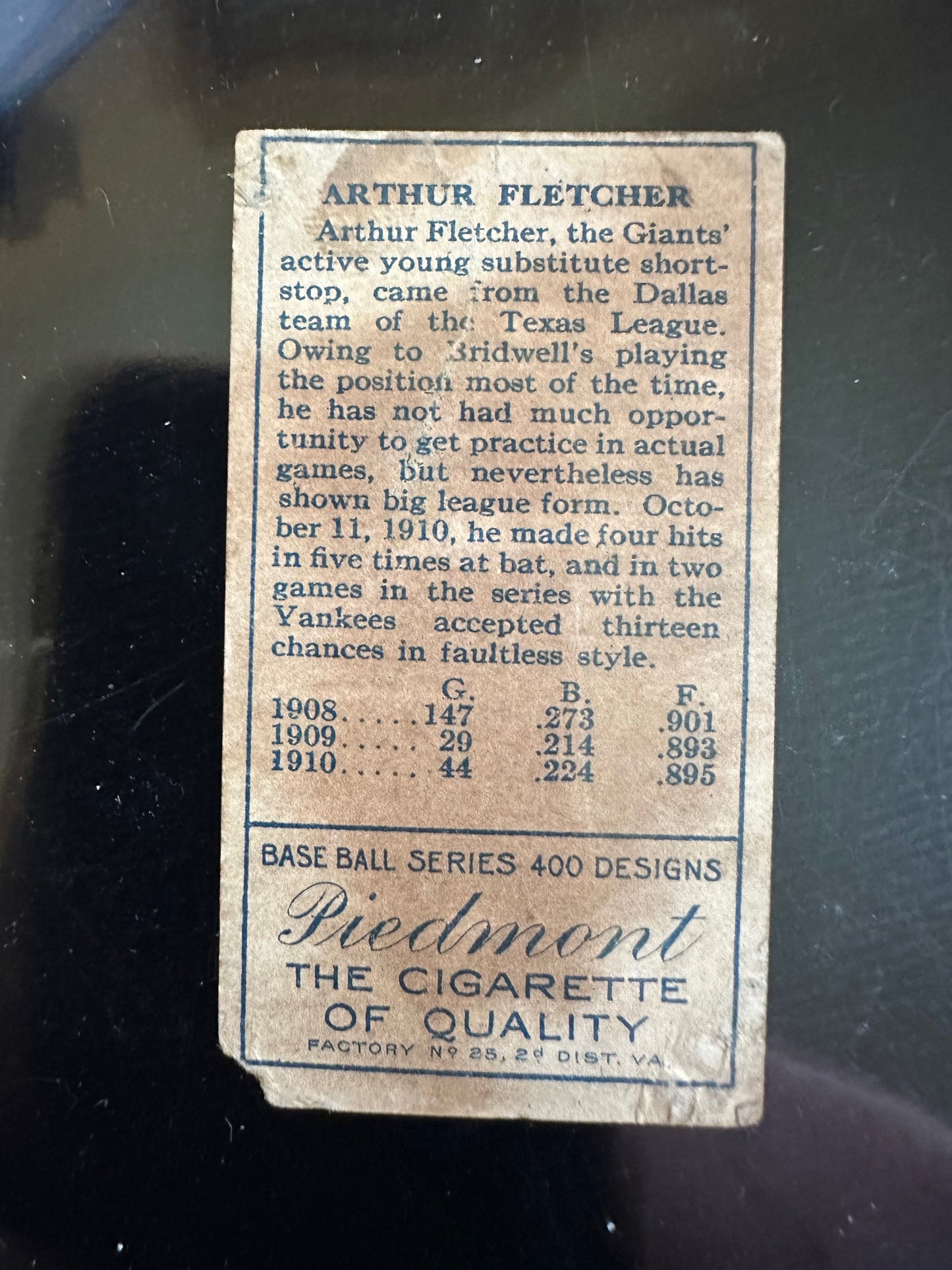 1911 T205 Gold Border Piedmont Arthur Fletcher New York