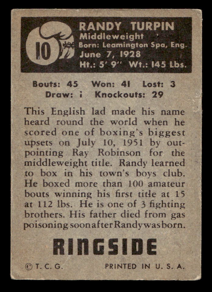 1951 Topps Ringside Boxing #10 Randy Turpin - VG