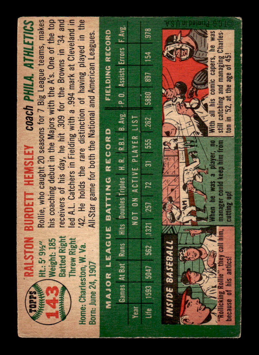 1954 Topps #143 Rollie Hemsley - Philadelphia Athletics VG