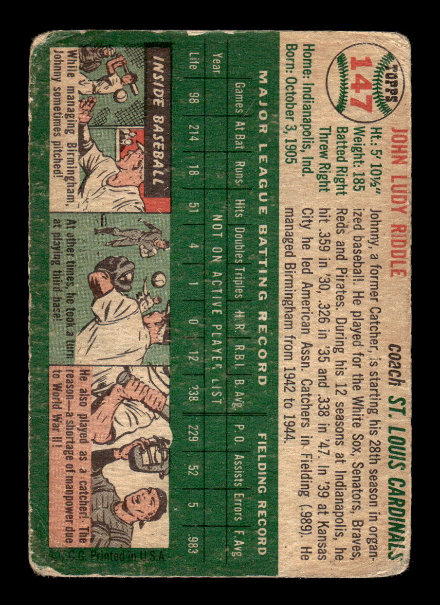 1954 Topps #147 Johnny Riddle - St. Louis Cardinals F/G - CREASE