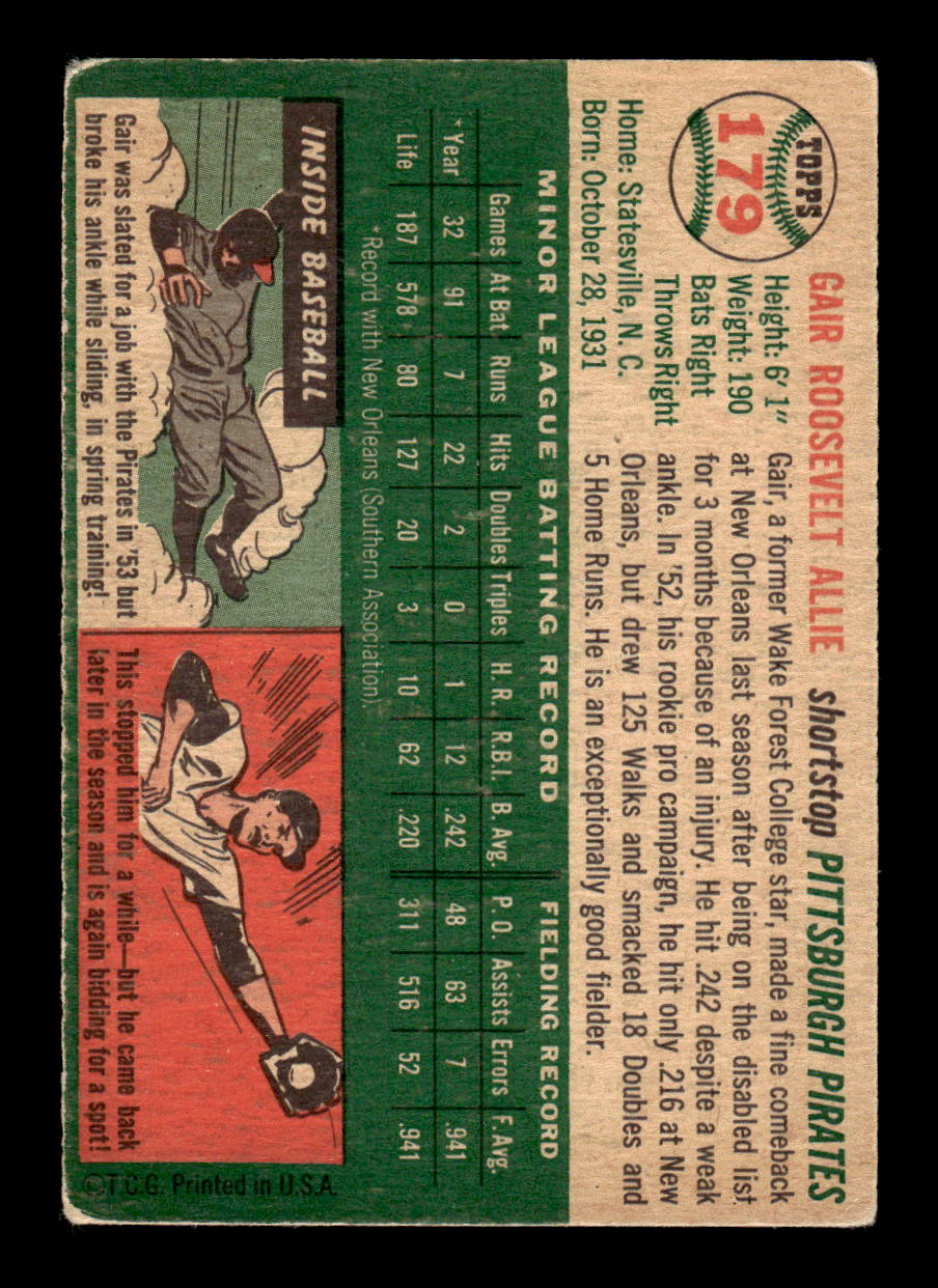 1954 Topps #179 Gair Allie - Pittsburgh Pirates RC VG