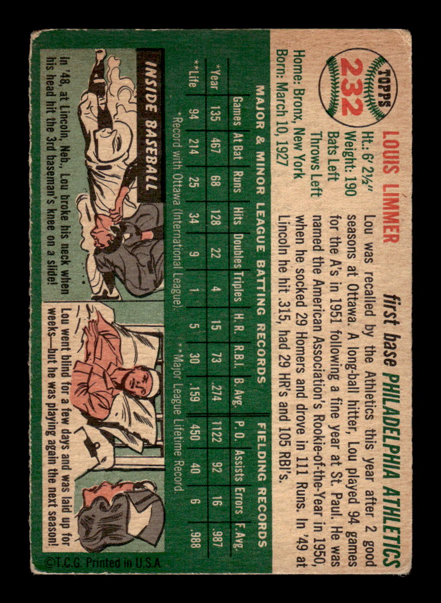 1954 Topps #232 Lou Limmer - Philadelphia Athletics RC VG