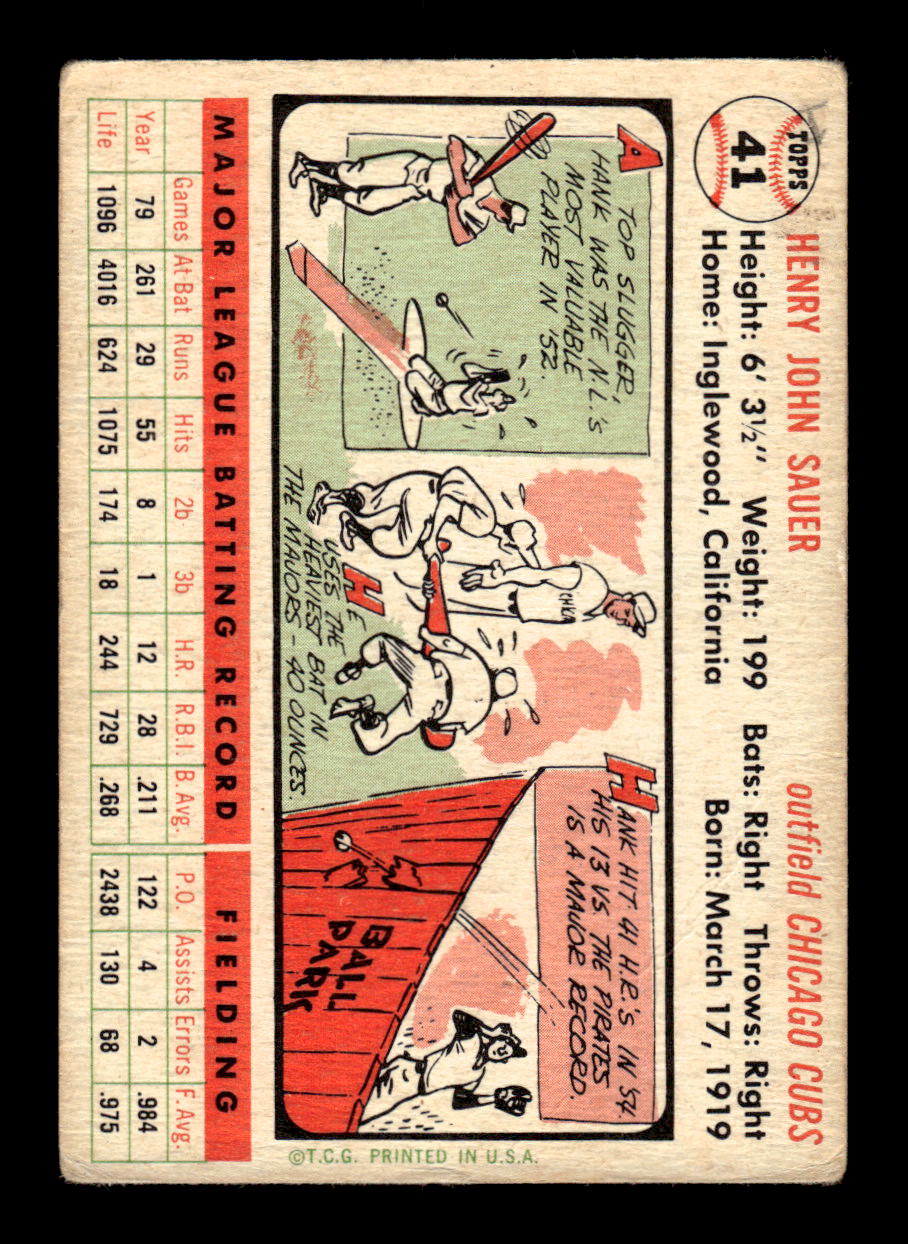 1956 Topps #41 Hank Sauer - Chicago Cubs VG White Back