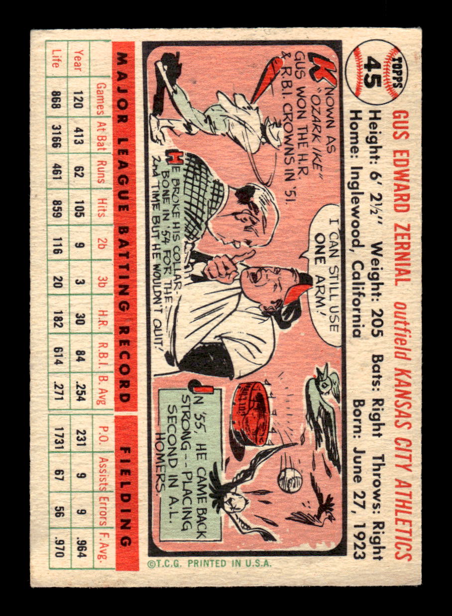 1956 Topps #45 Gus Zernial - Kansas City Athletics EX White Back