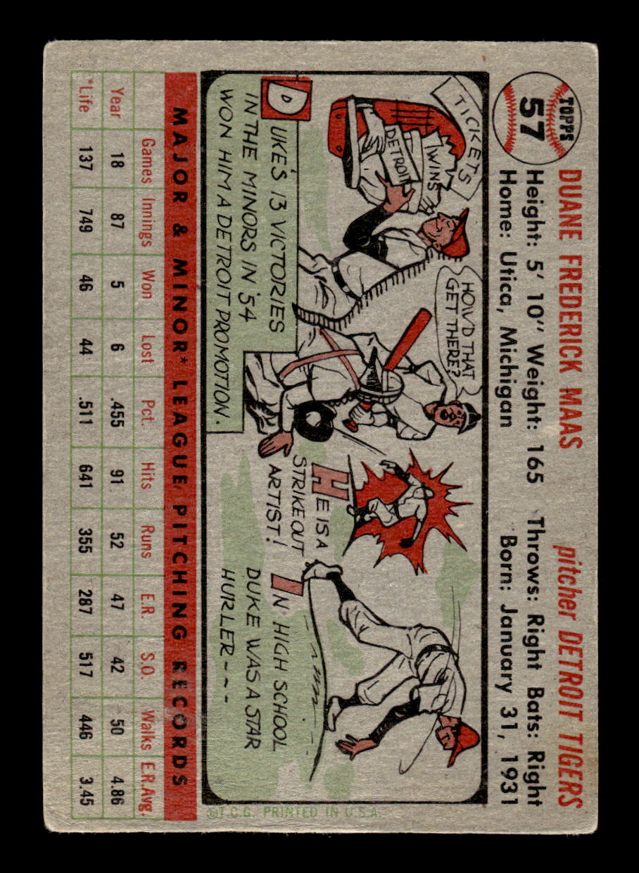 1956 Topps #57 Duke Maas - Detroit Tigers RC VGEX Gray Back