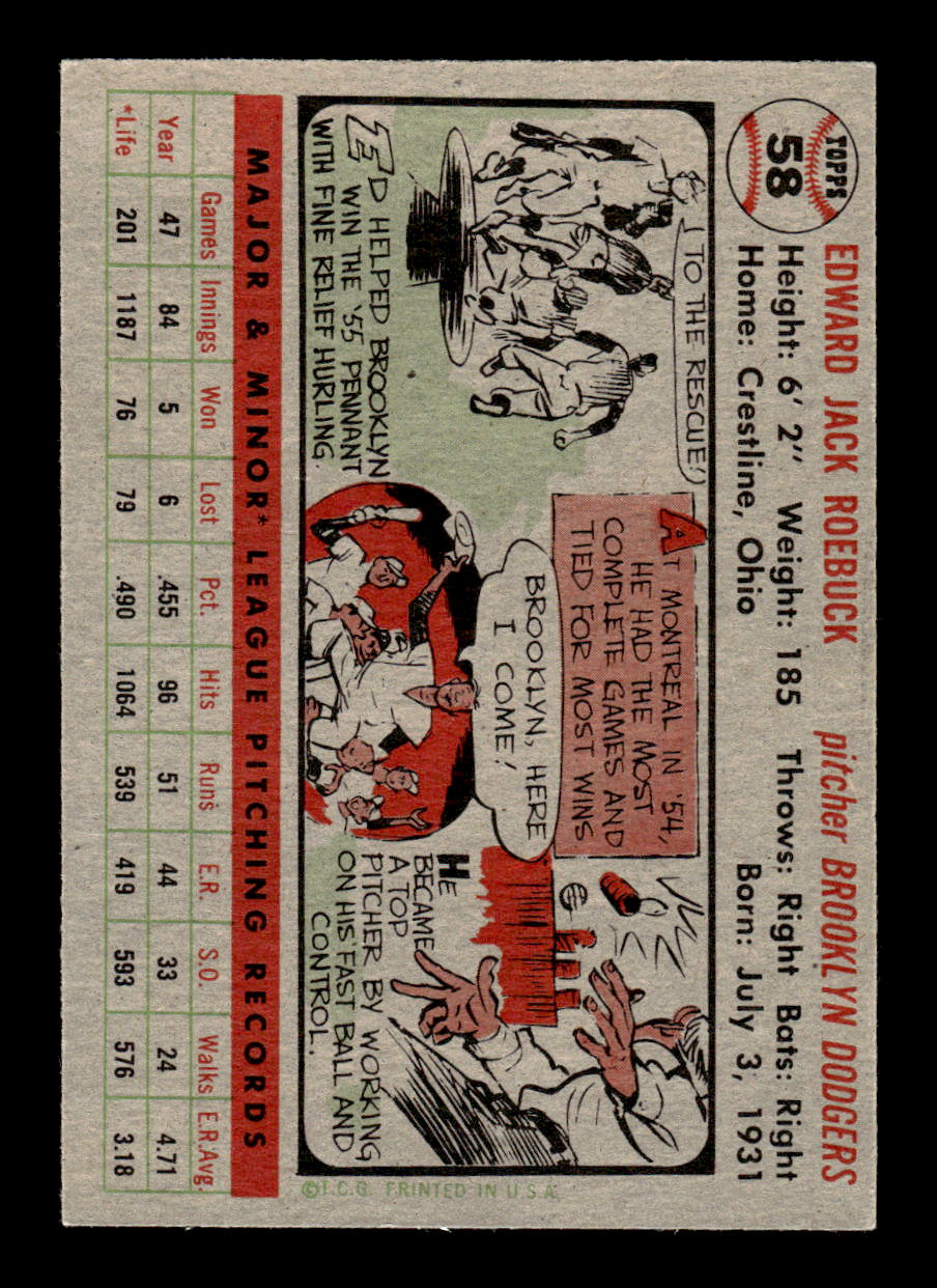 1956 Topps #58 Ed Roebuck - Brooklyn Dodgers EXMT Gray Back