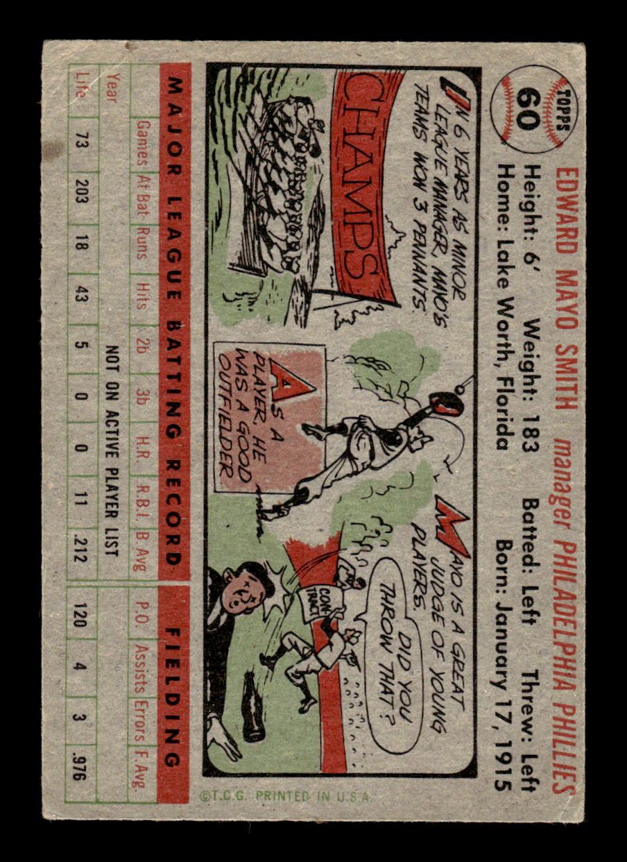 1956 Topps #60 Mayo Smith - Philadelphia Phillies DP VGEX Gray Back