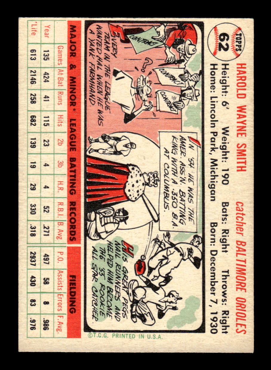 1956 Topps #62 Hal Smith - Baltimore Orioles EX White Back