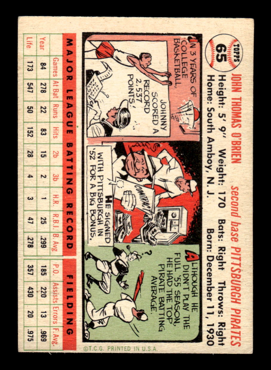 1956 Topps #65 Johnny O'Brien - Pittsburgh Pirates VGEX White Back