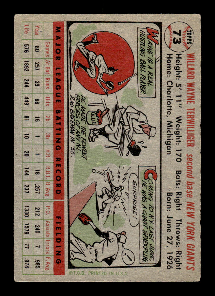 1956 Topps #73 Wayne Terwilliger - New York Giants VGEX Gray Back