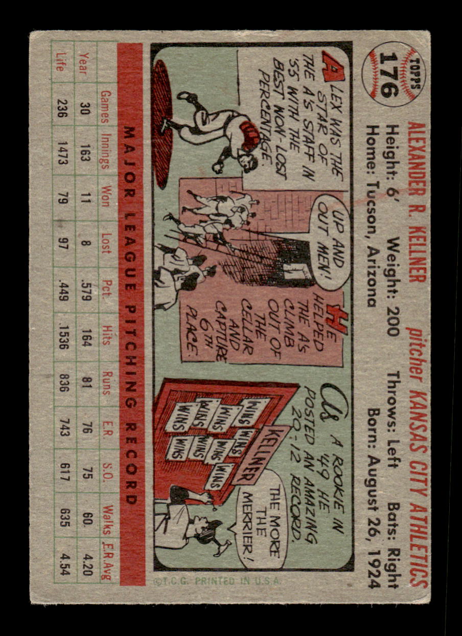 1956 Topps #176 Alex Kellner - Kansas City Athletics VGEX Gray Back