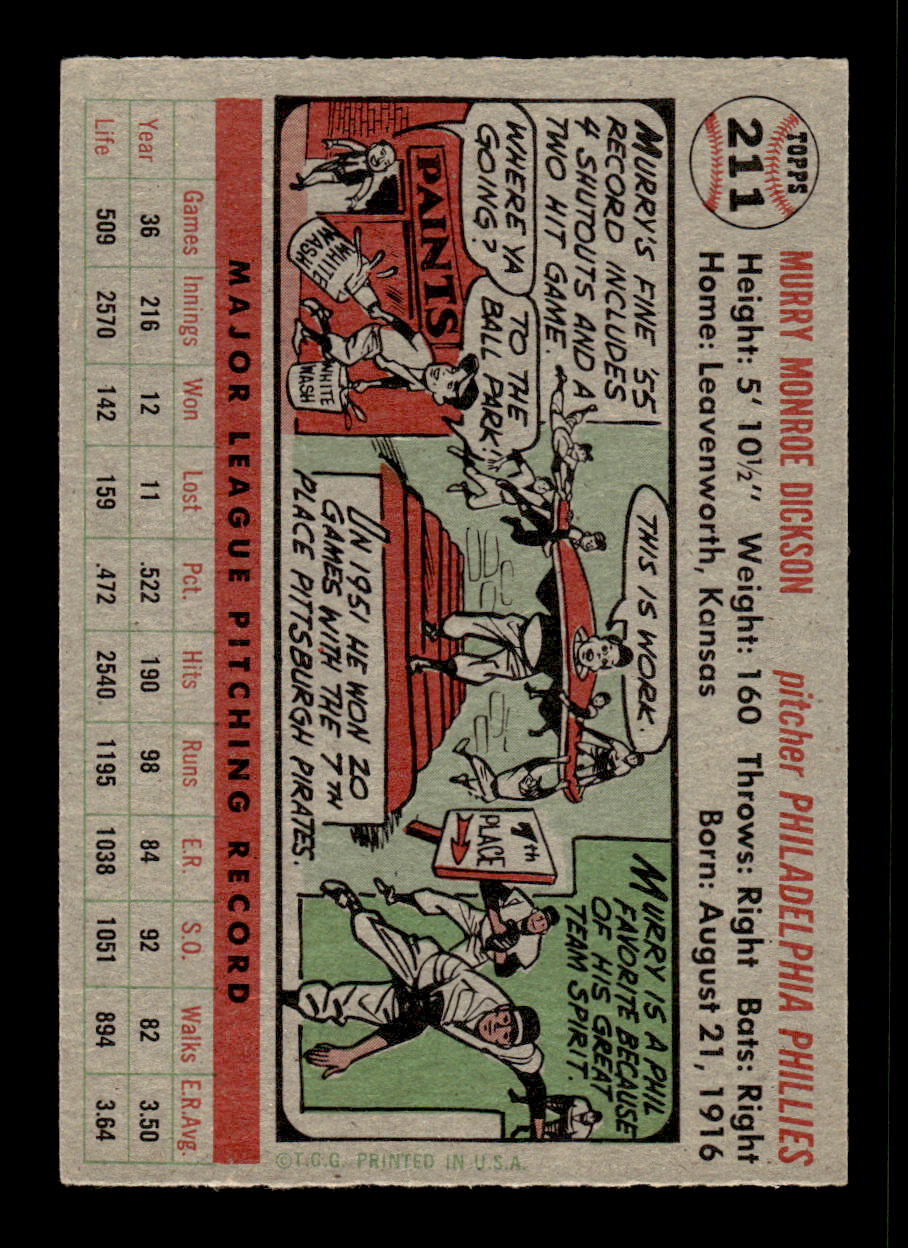 1956 Topps #211 Murry Dickson - Philadelphia Phillies EX