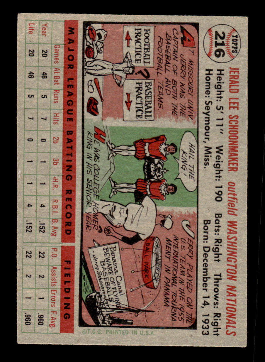 1956 Topps #216 Jerry Schoonmaker - Washington Senators RC EX