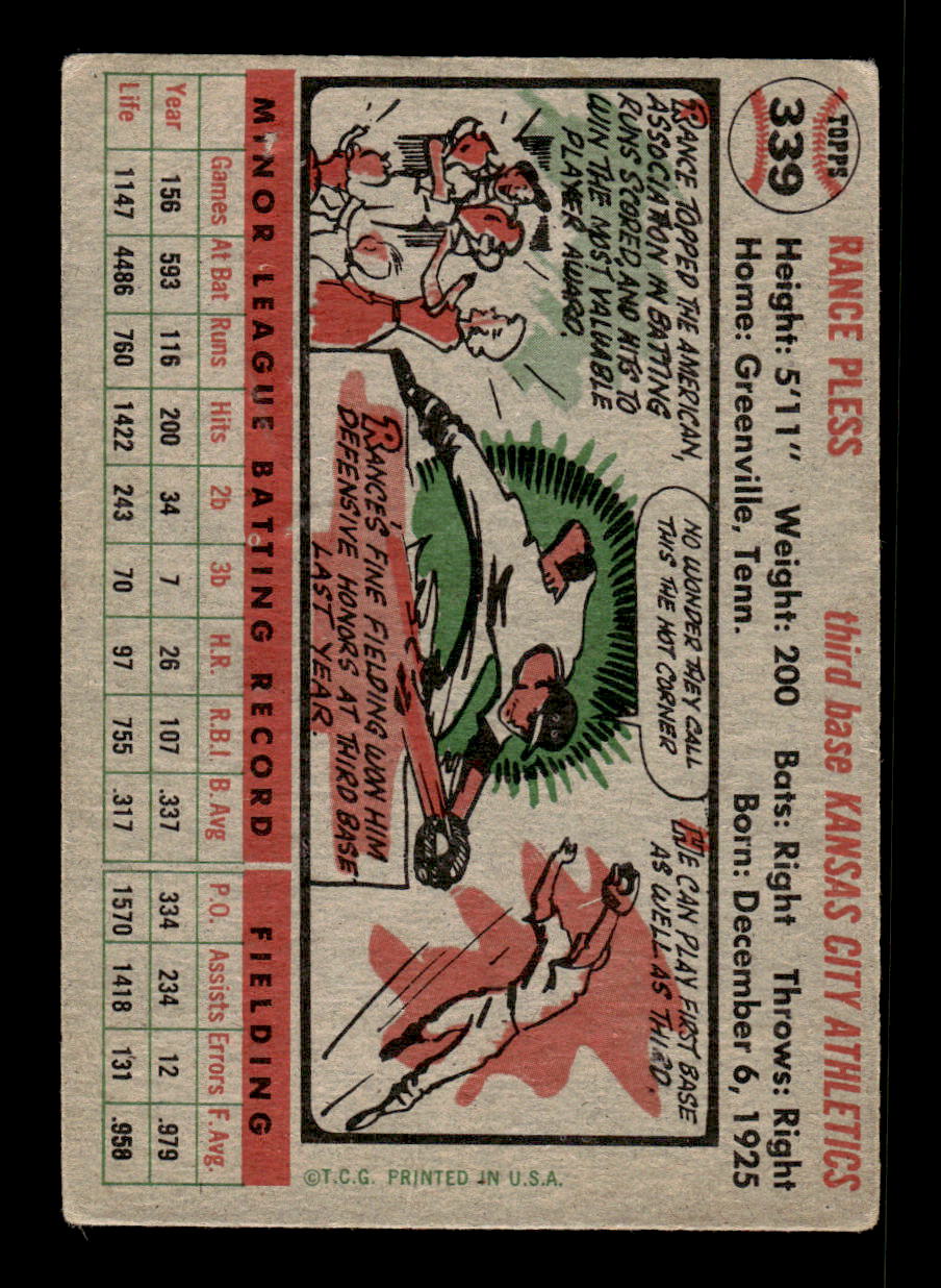 1956 Topps #339 Rance Pless - Kansas City Athletics RC VG