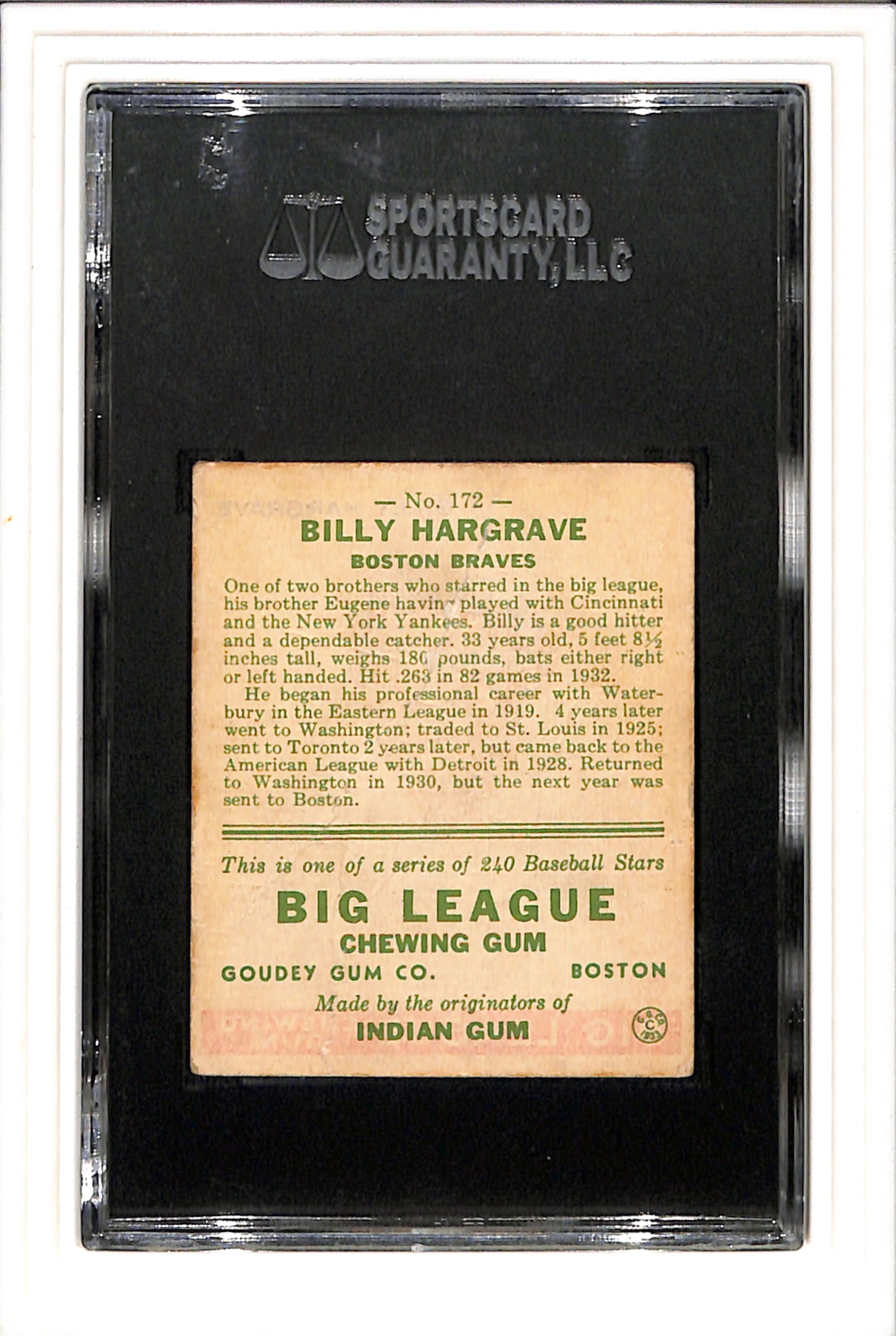1933 Goudey #172 Billy Hargrave SGC 1.5
