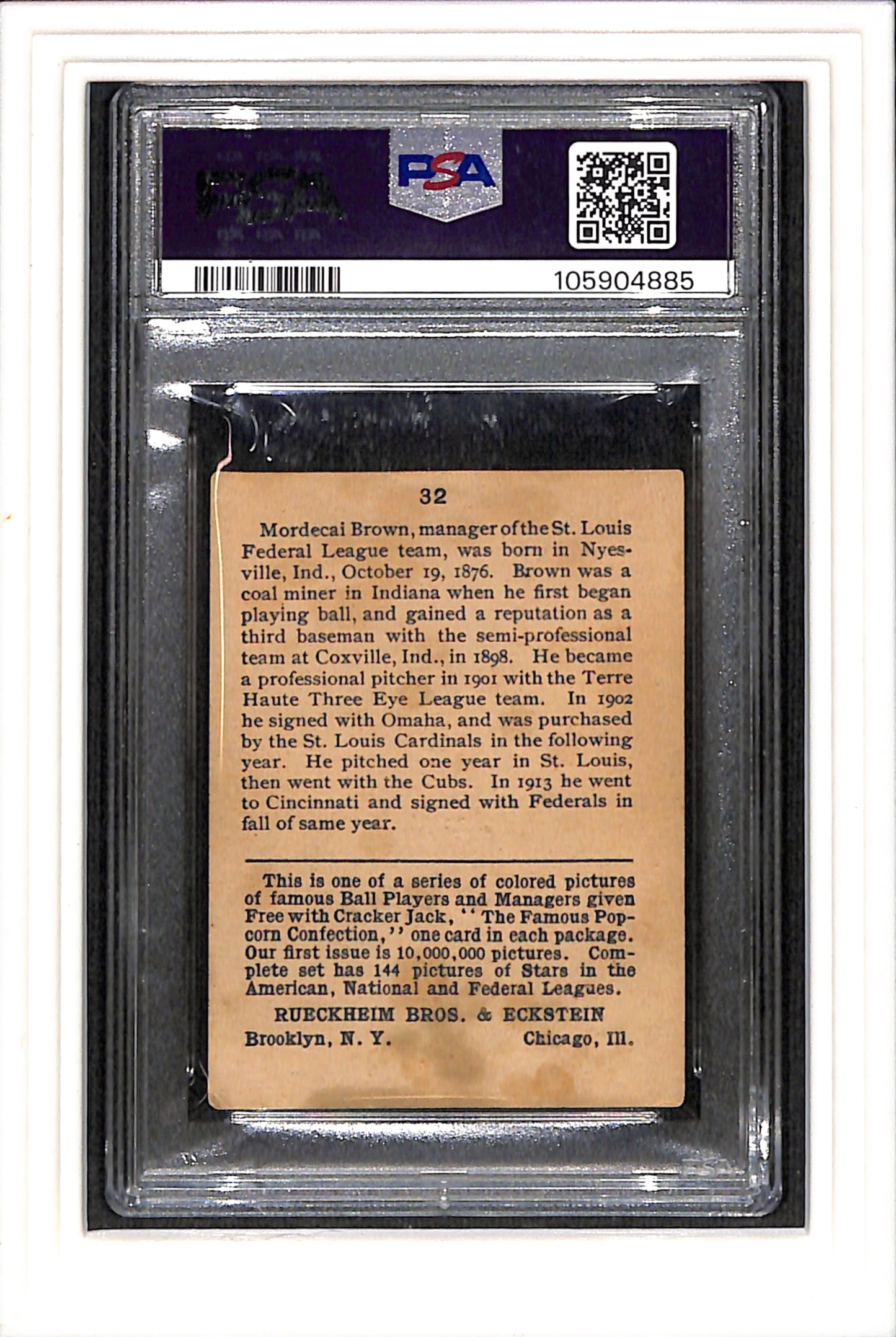 1914 Cracker Jack #32 Mordecai Brown PSA 2.5 St Louis Federals