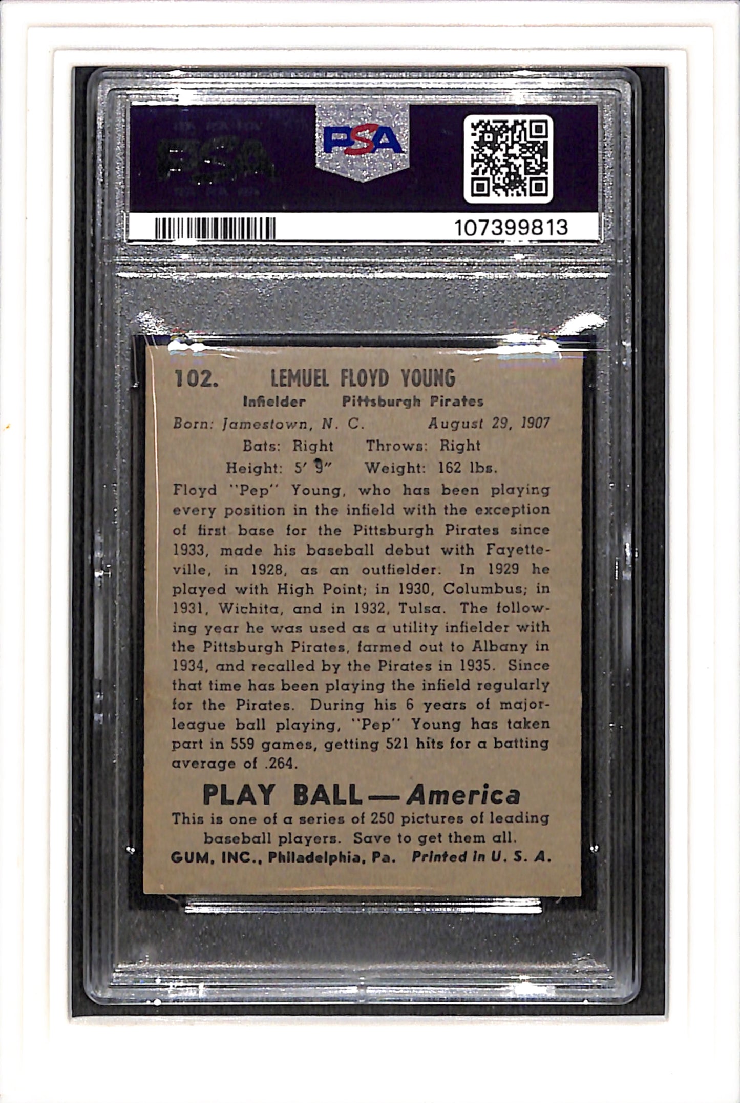 1939 Play Ball #102 Pep Young Pirates PSA 2 SN 107399813