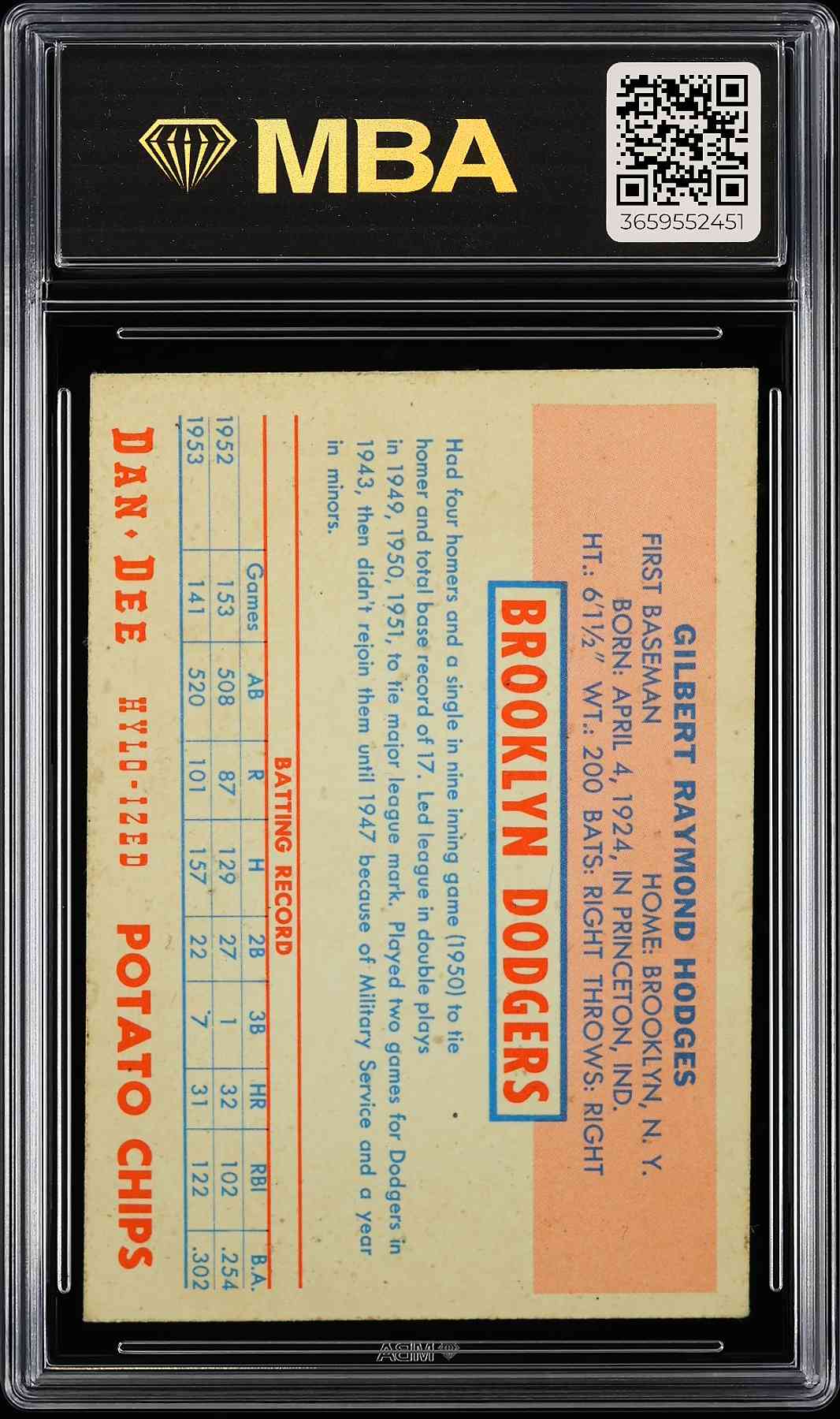 1954 Dan-Dee Potato Chips Gil Hodges MBA 2 SN 3659552451 RARE!