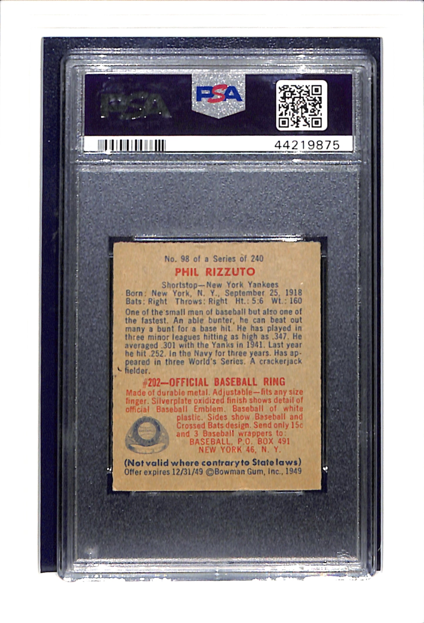 1949 Bowman #98 Phil Rizzuto No Name PSA 5 SN 44219875