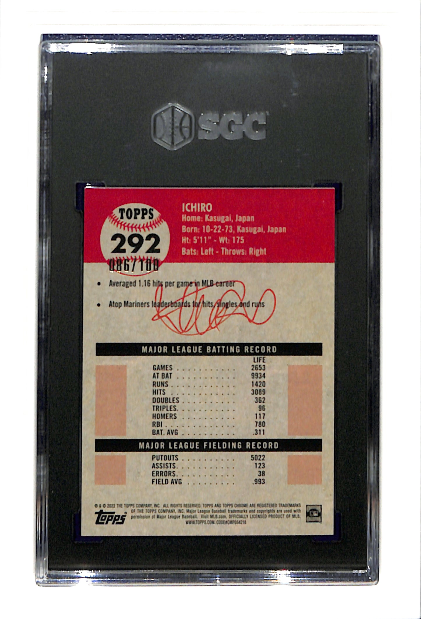 2022 Topps Chrome Platinum Anniversary #292 Ichiro Suzuki SGC 9 86/100