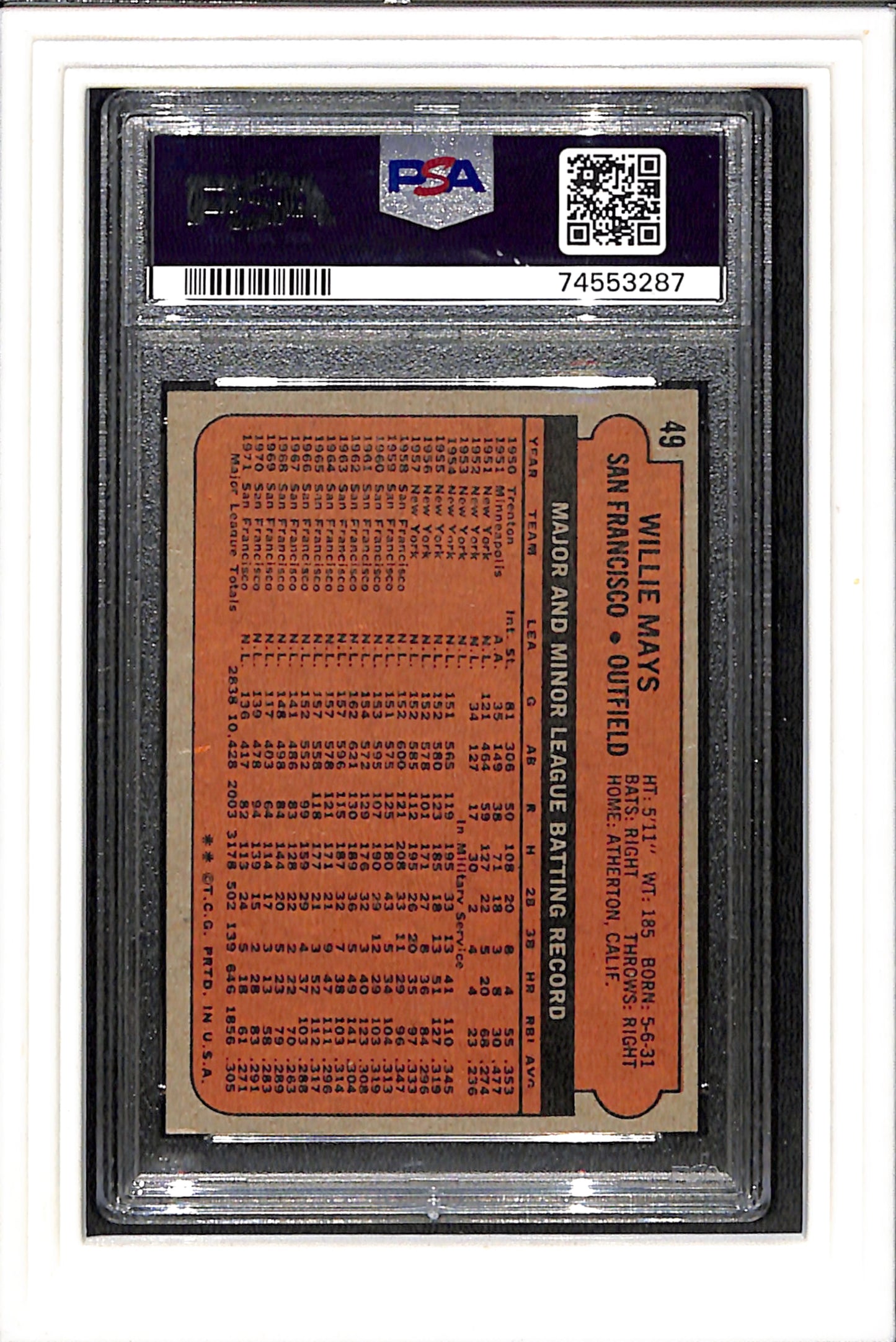 1972 Topps #49 Willie Mays PSA 4 SN 74553287