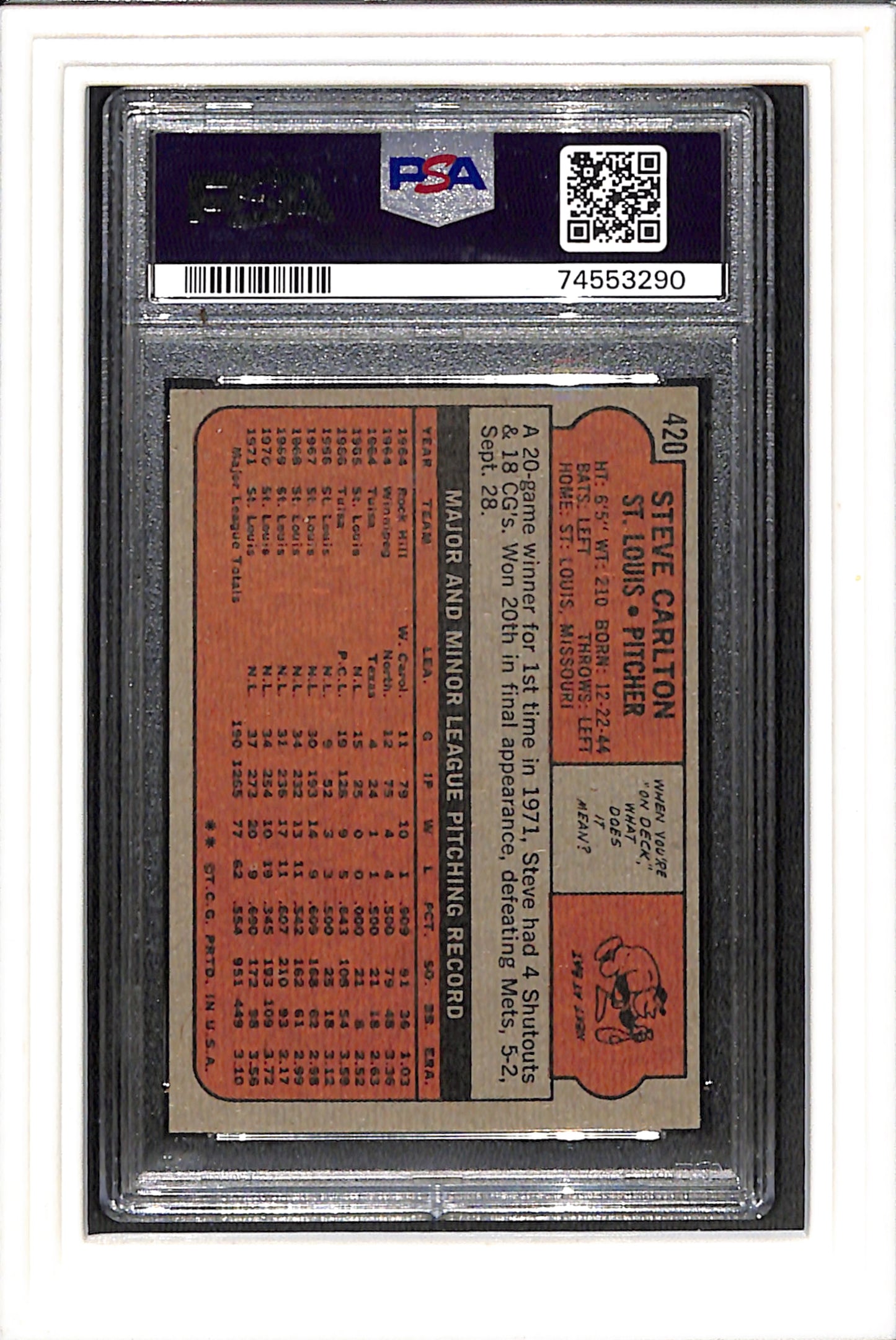 1972 Topps #420 Steve Carlton PSA 7 SN 74553290