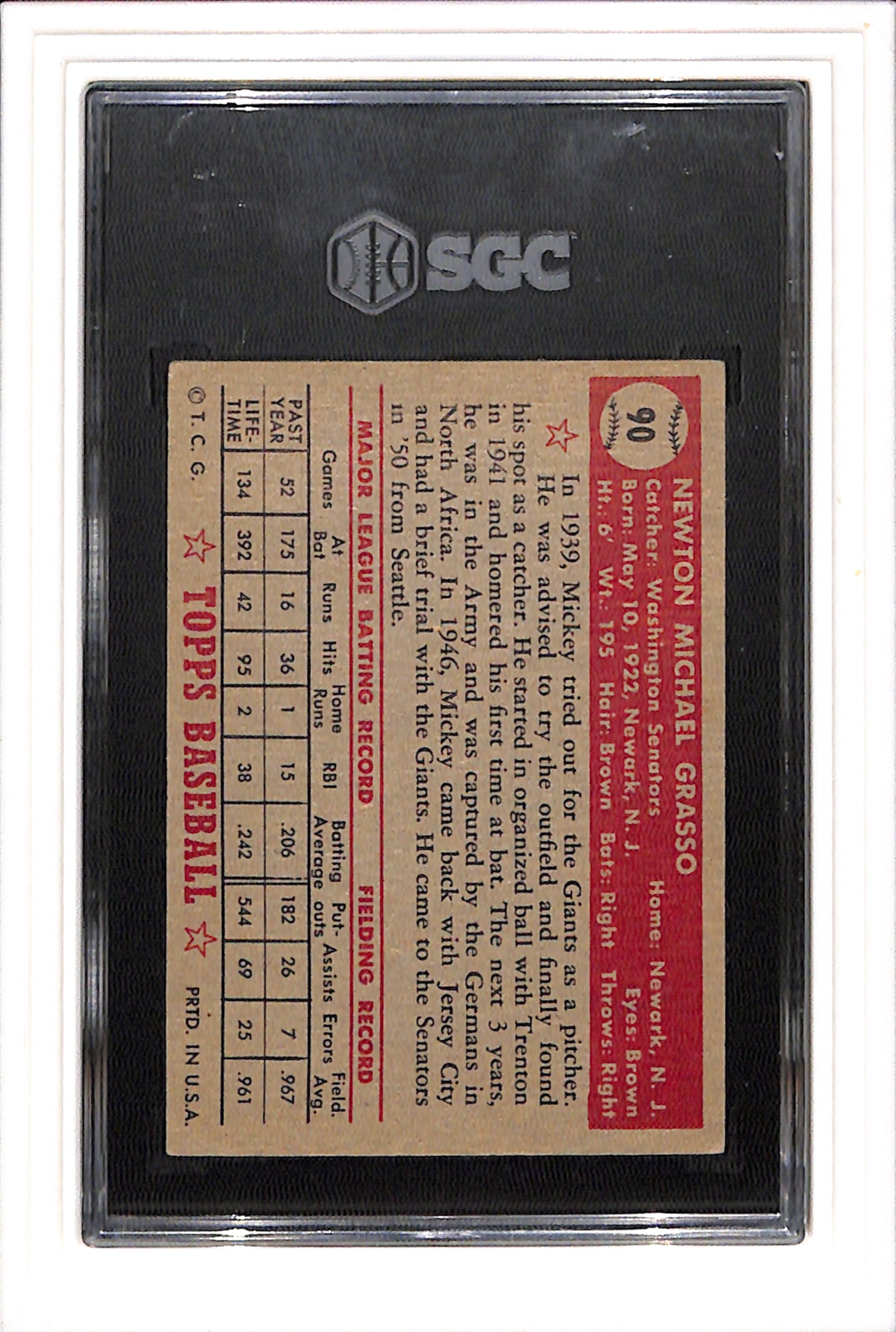 1952 Topps #90 Mickey Grasso SGC 3 SN 1901650
