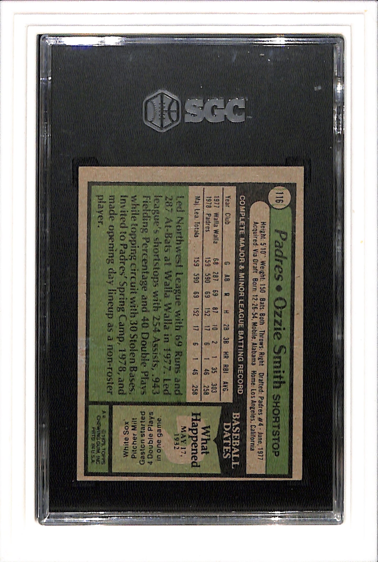 1979 Topps #116 Ozzie Smith SGC 6 SN 1206989