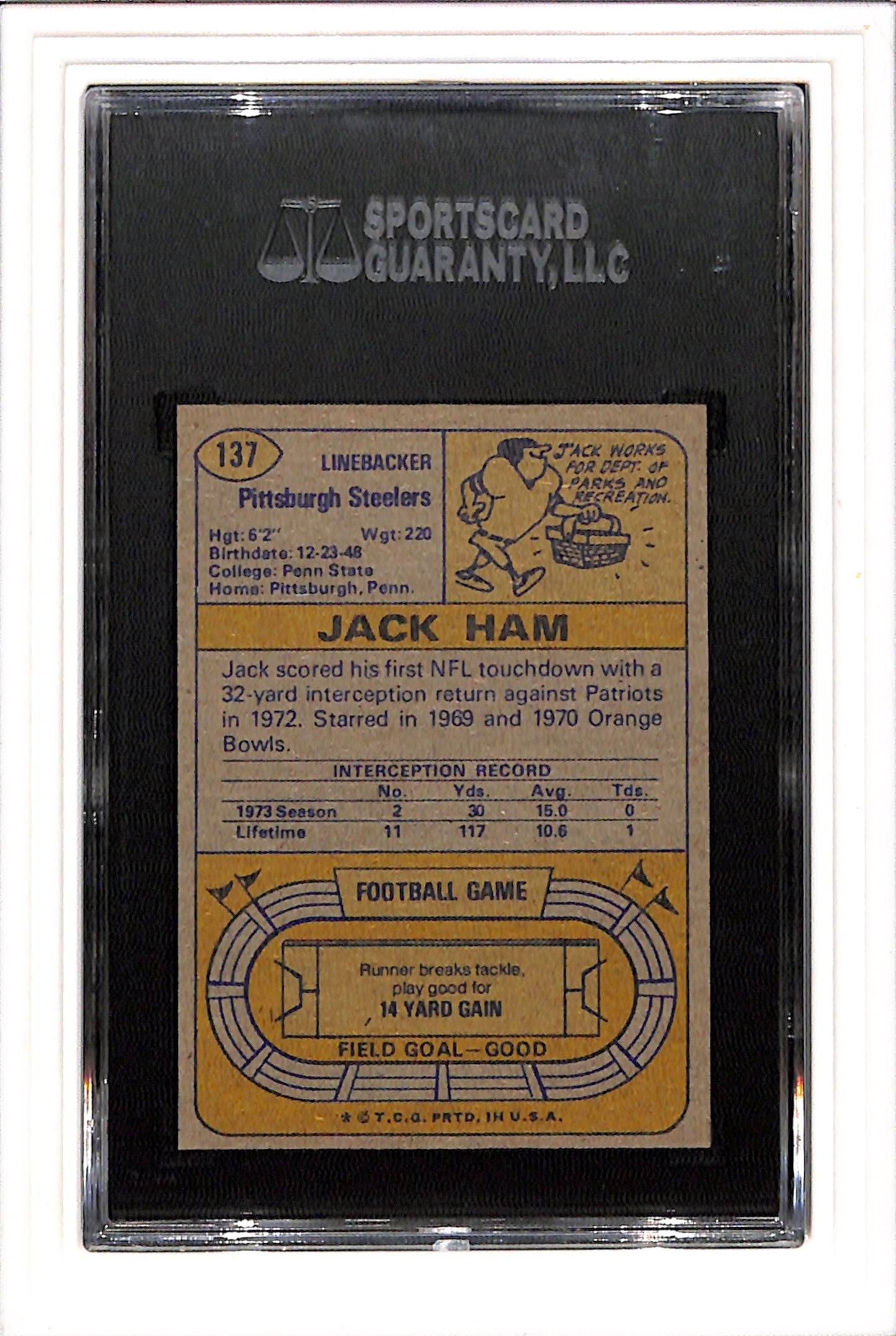 1974 Topps #137 Jack Ham SGC 8 SN 6546124