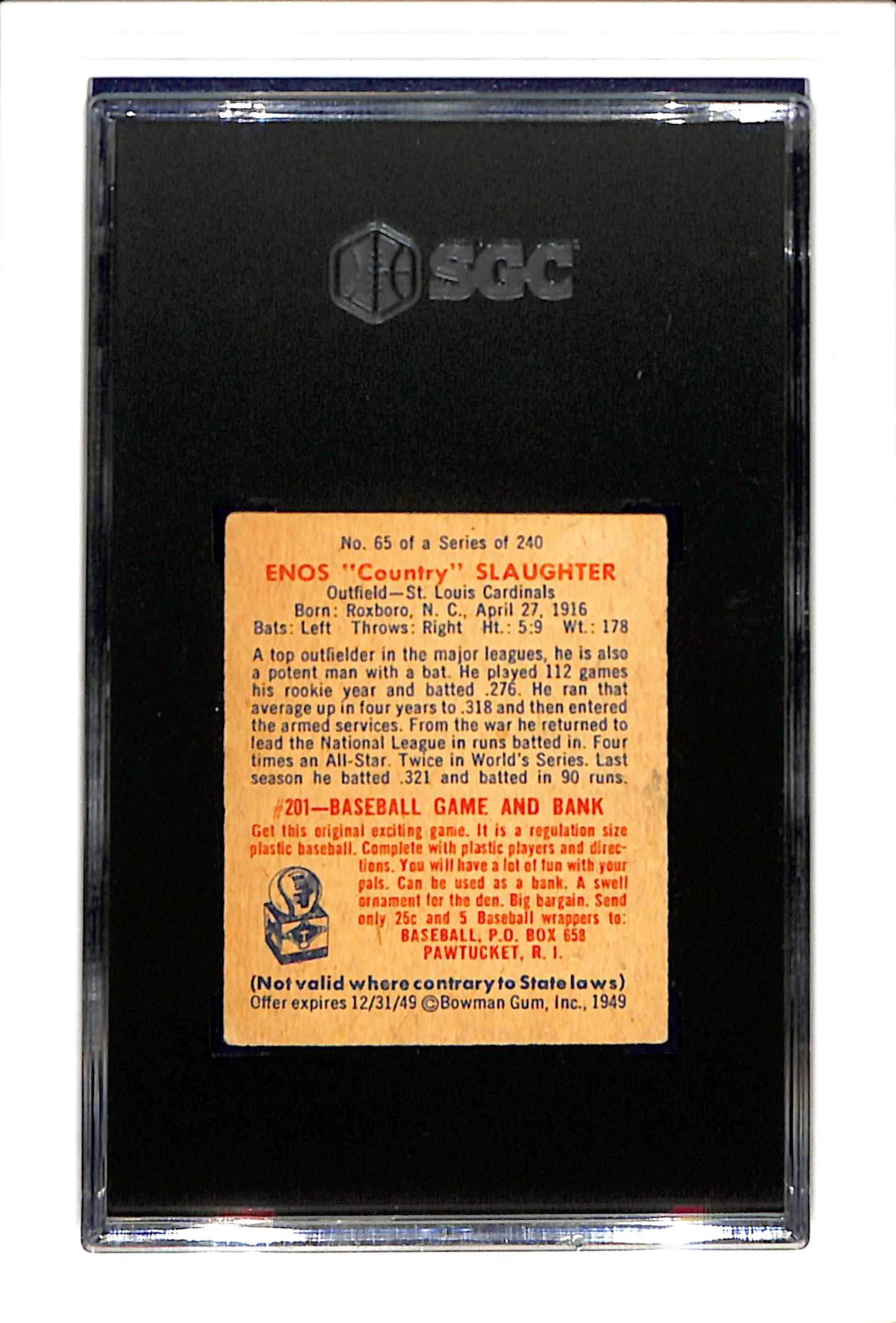 1949 Bowman #65 Enos Slaughter SGC 3 SN 6813620