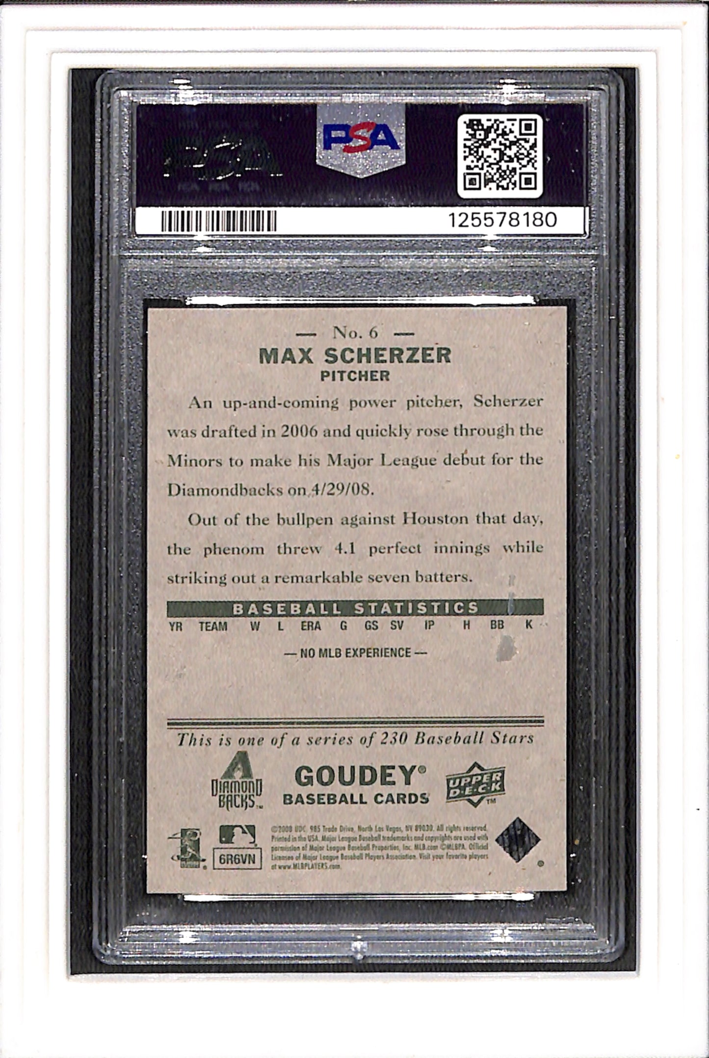 2008 Upper Deck Goudey #6 Max Scherzer PSA 9 SN 125578180