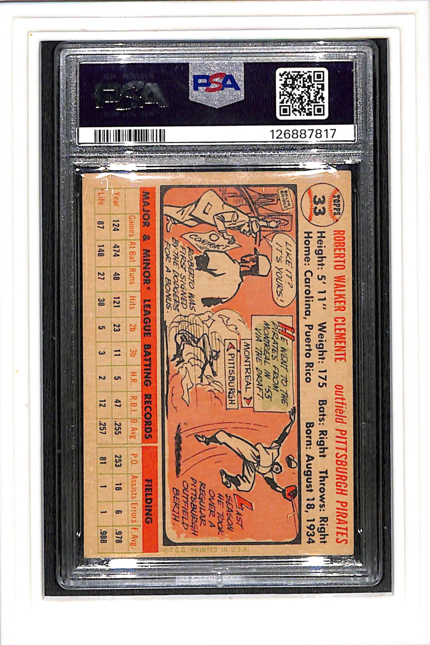 1956 Topps #33 Roberto Clemente - White Back PSA 5 SN 126887817