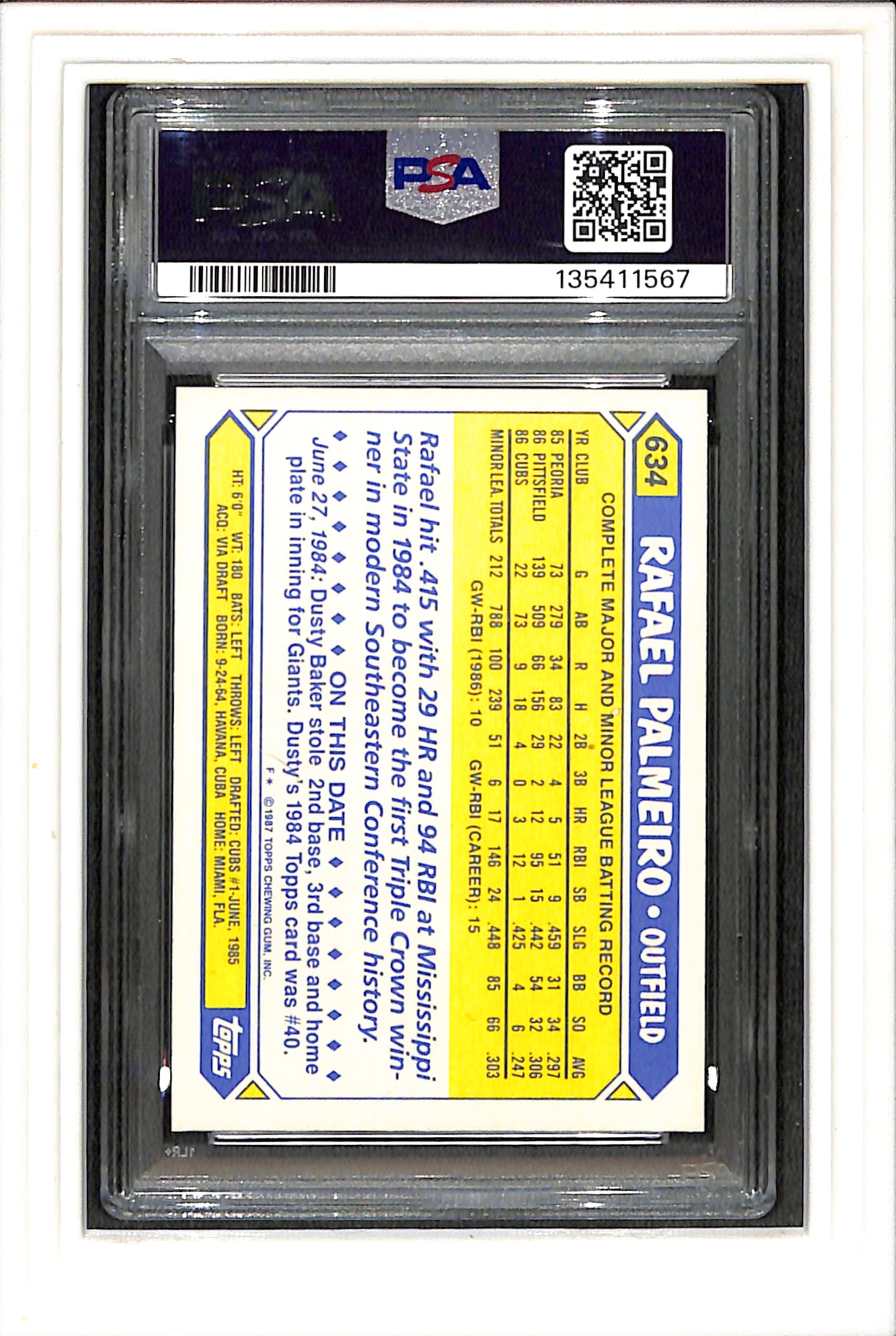 1987 Topps Tiffany #634 Rafael Palmeiro Future Stars PSA 9 SN 135411567