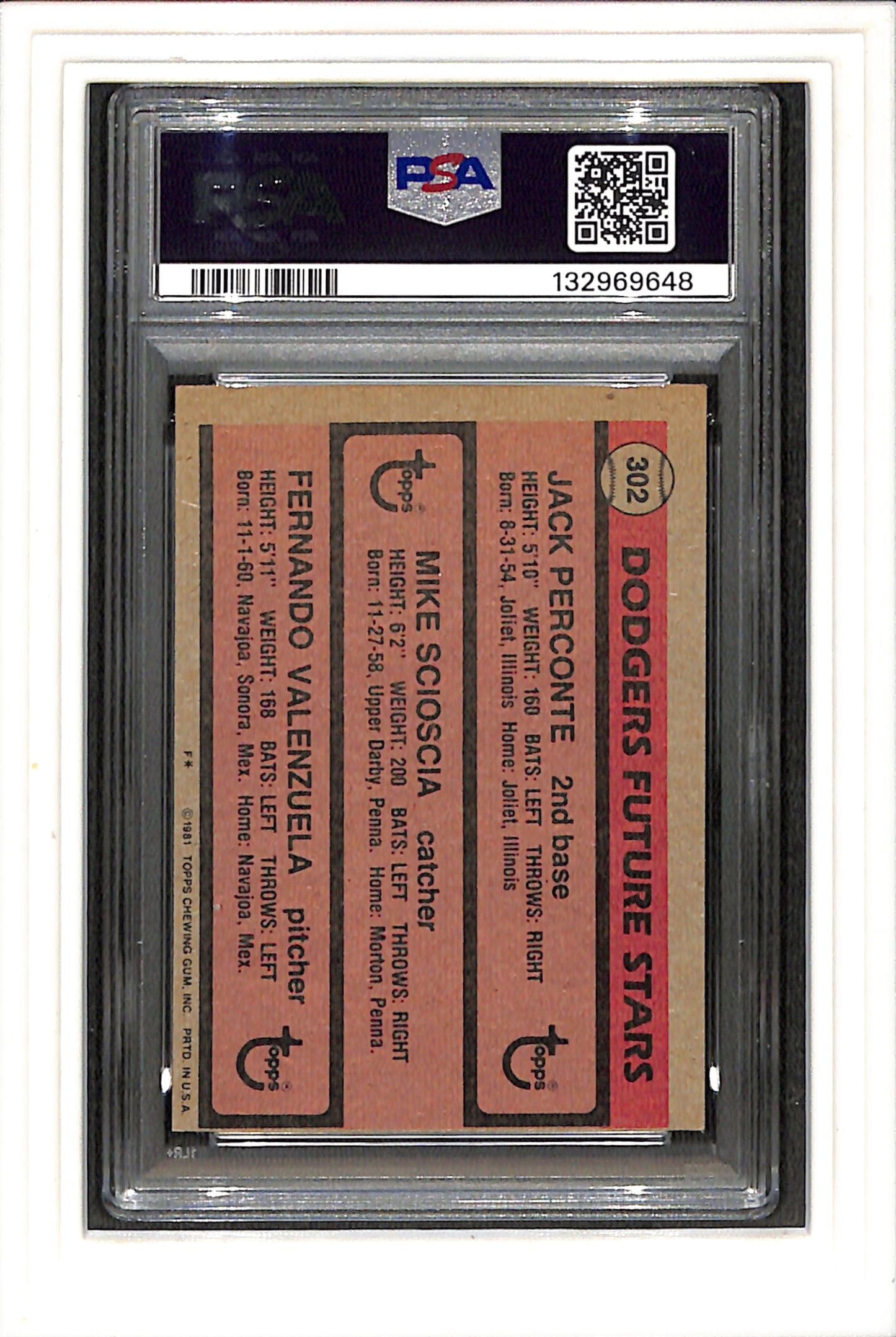 1981 Topps #302 Dodgers Future Stars Prcnt/Sciscia/Valenzla PSA 7 SN 132969648